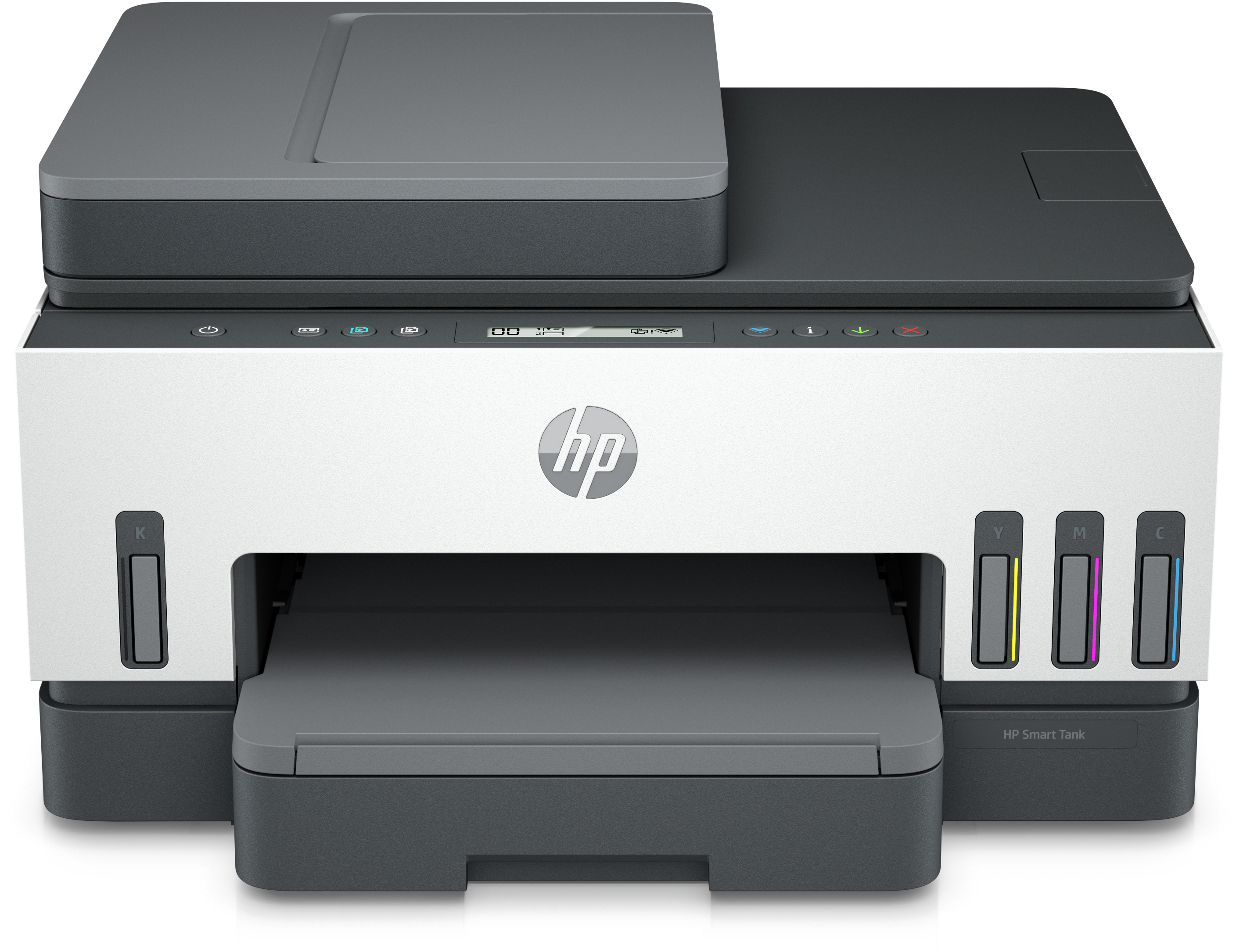 HP Smart Tank nyomtató. Fehér és szürke, tintatartályokkal és papírtálcával. Fehér háttér.