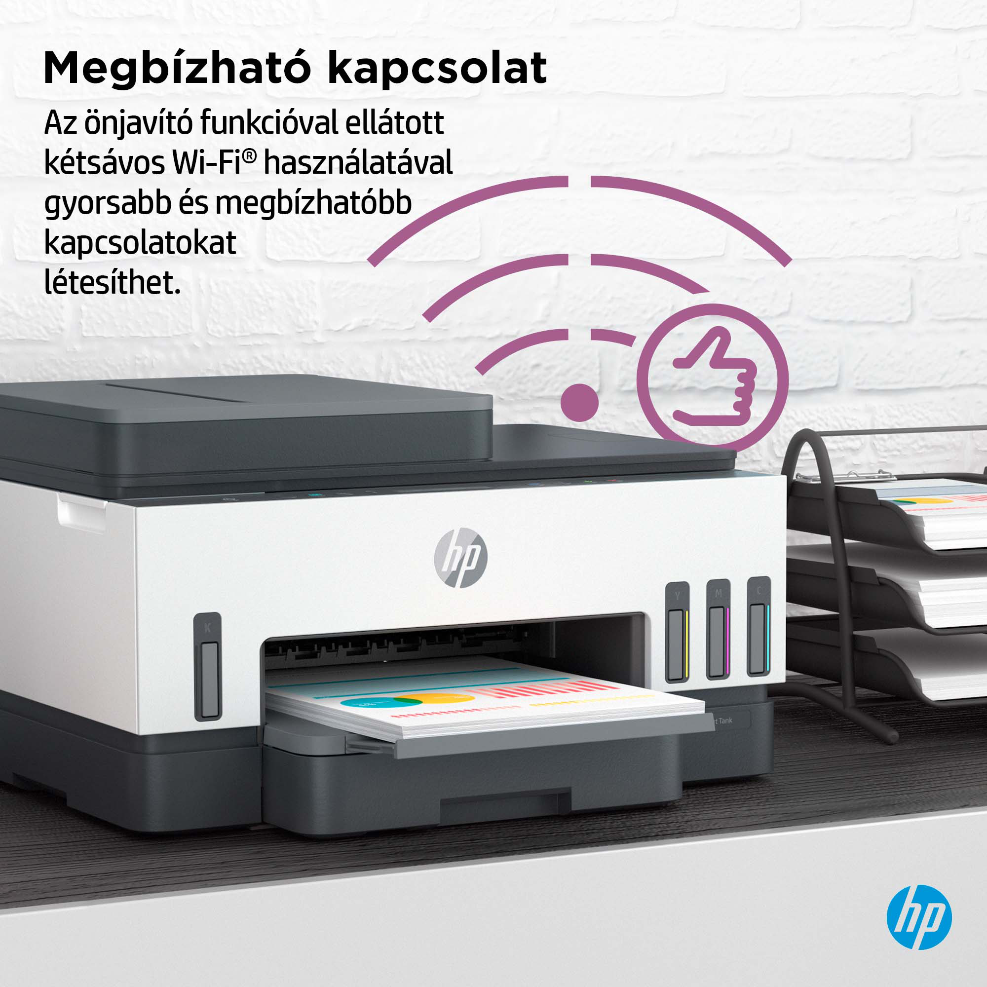 Nyomtató Wi-Fi ikonnal, papírkimenettel, megbízható kapcsolatra és Wi-Fi-re utaló szöveggel.