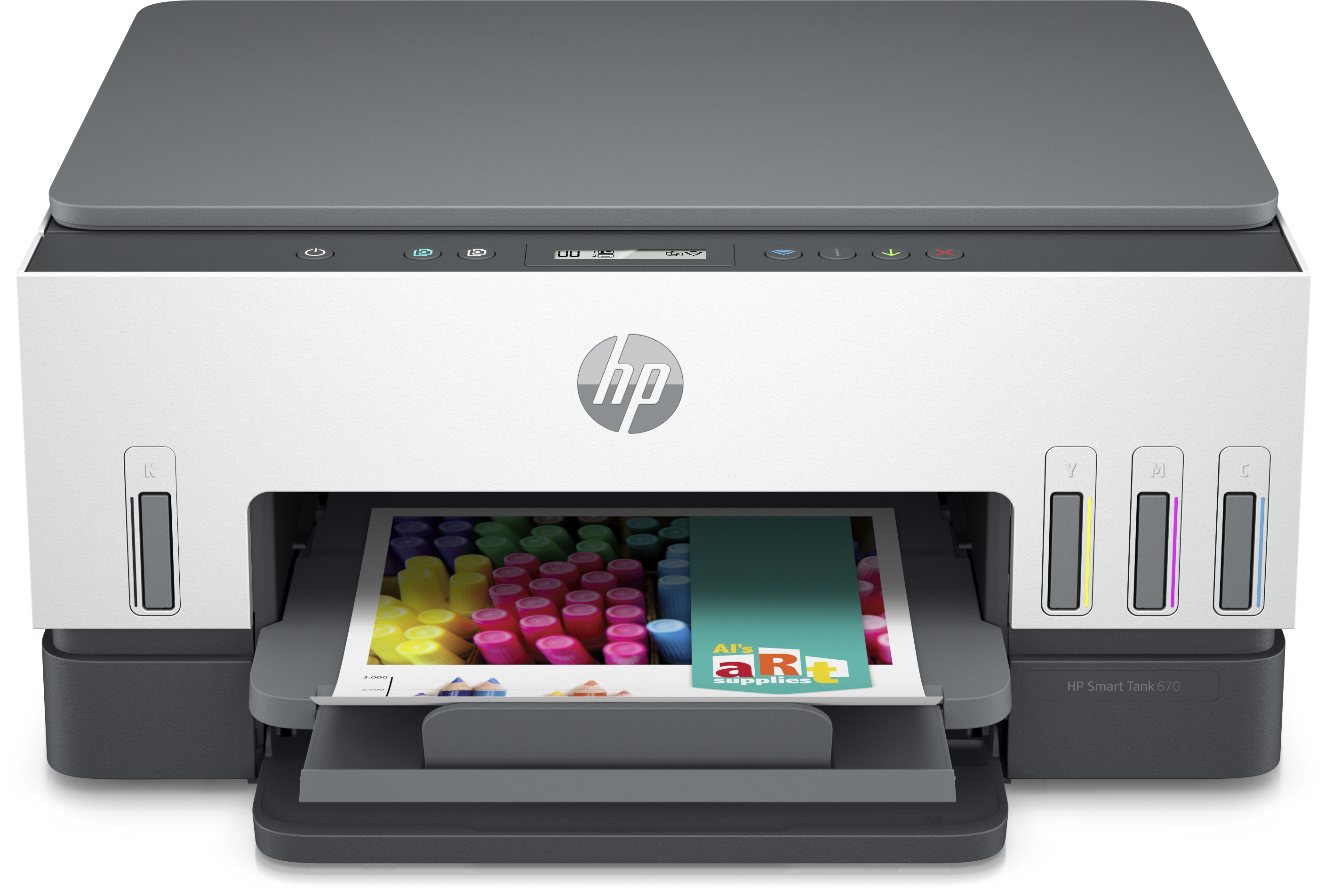 HP Smart Tank 670 nyomtató. Szürke tető, fehér test, színes oldalt nyomtat.