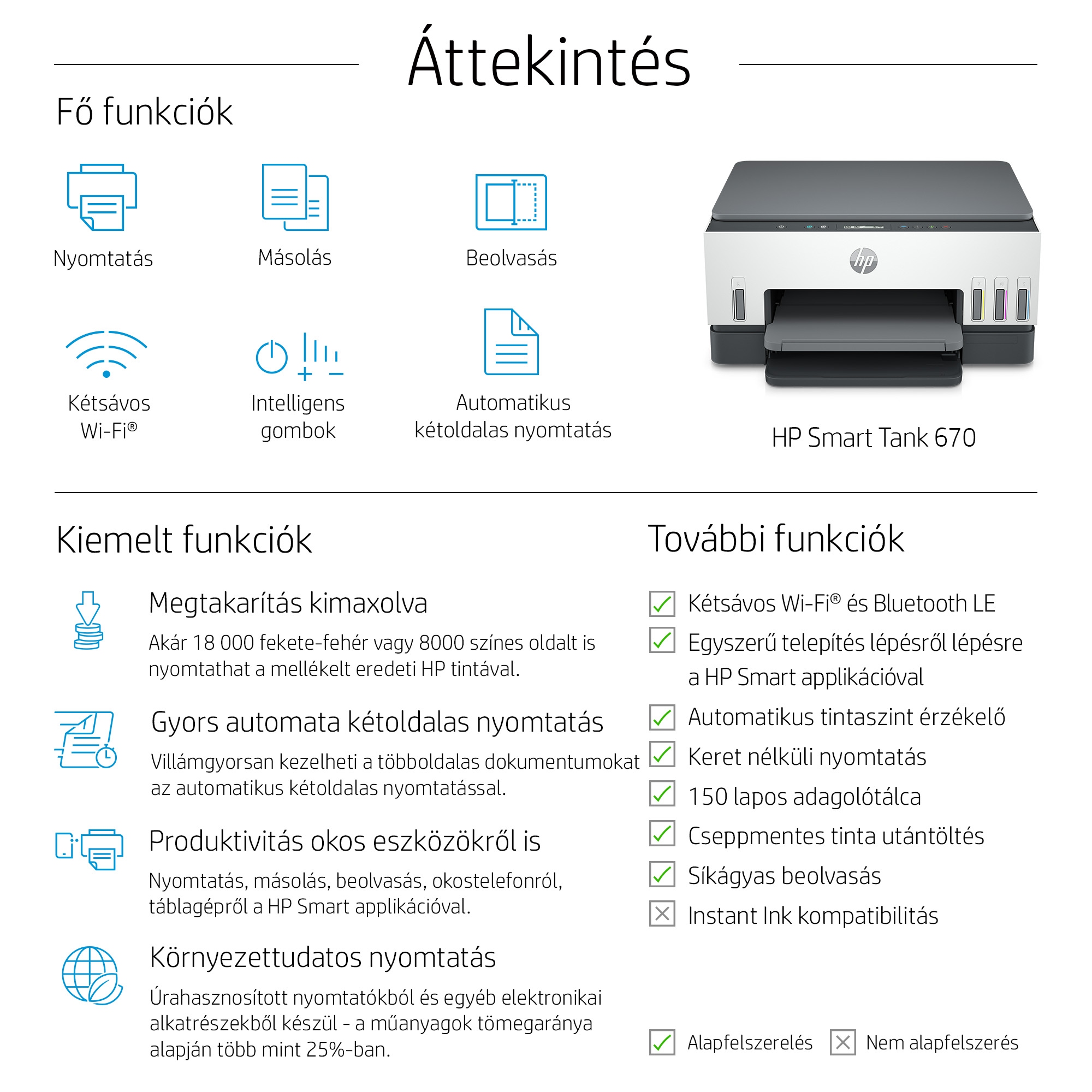Egy HP Smart Tank 670 nyomtató, ikonokkal, amelyek részletezik a nyomtatási, másolási, szkennelési és Wi-Fi funkciókat.