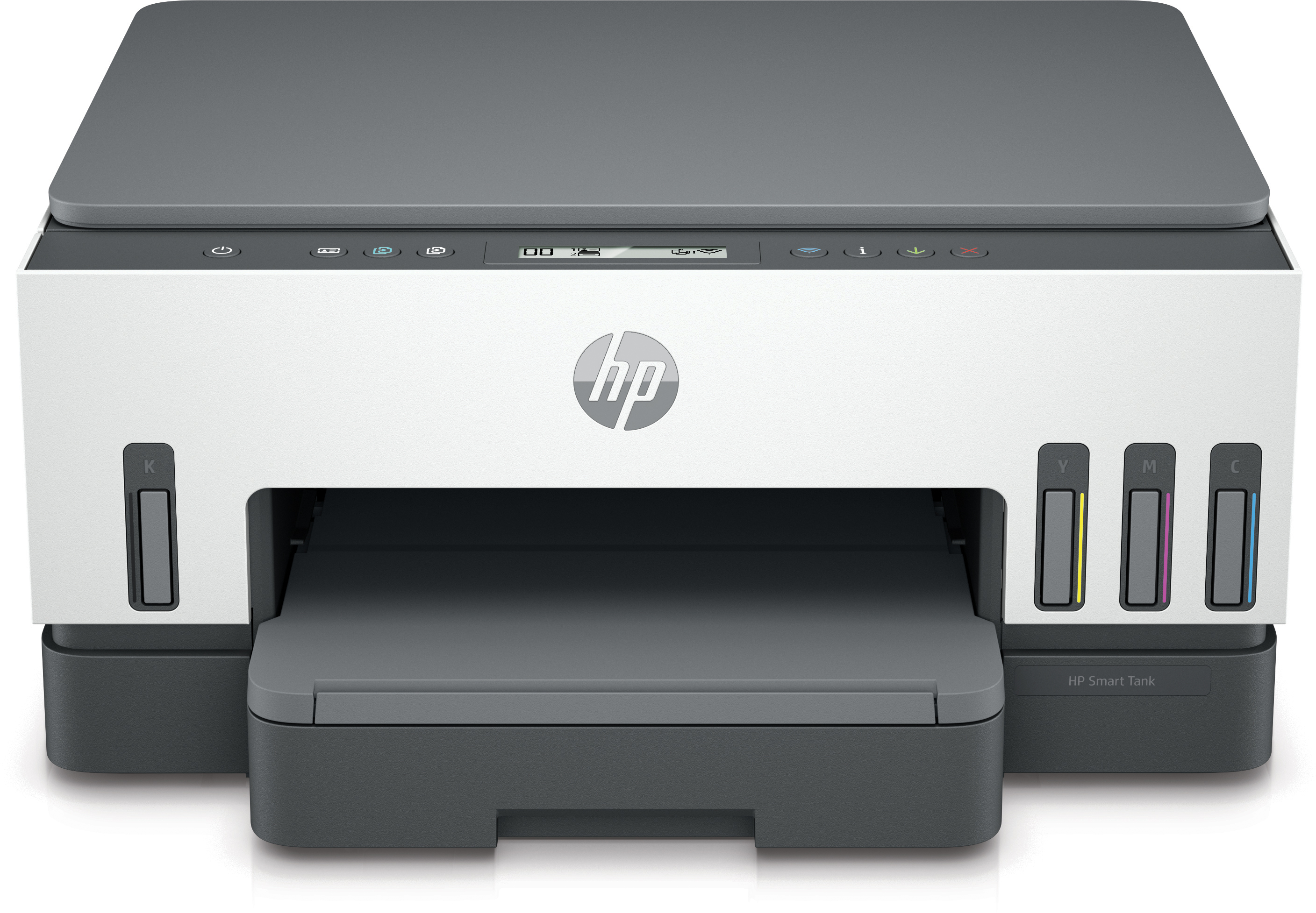 HP Smart Tank nyomtató, fehér és szürke. Tintapatronok jobbra. Fehér háttér.