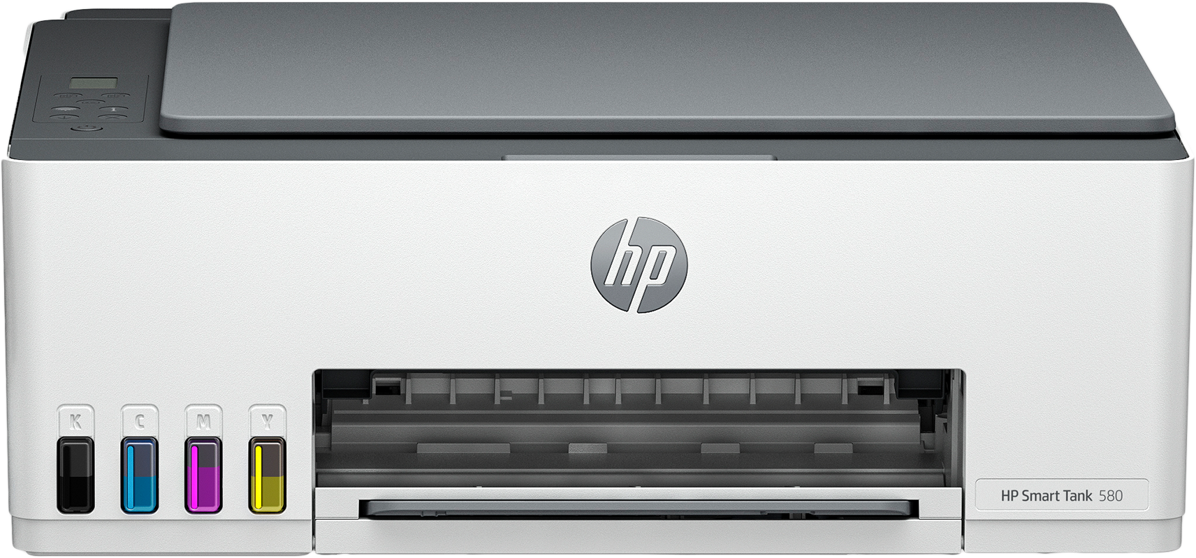 Fehér-szürke HP Smart Tank 580 nyomtató látható tintatartályokkal, elölnézetben.