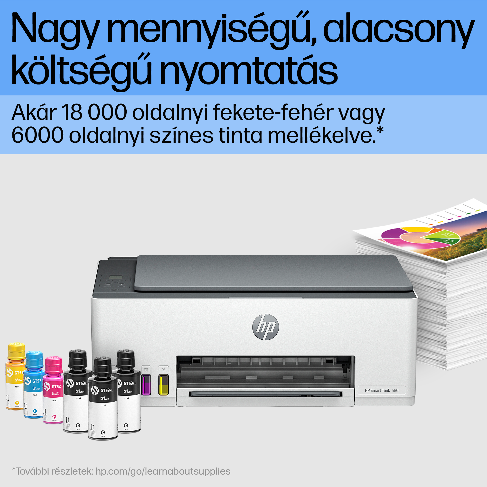 Nyomtató tintapalackokkal és papírköteggel. Magyar szöveg látható.