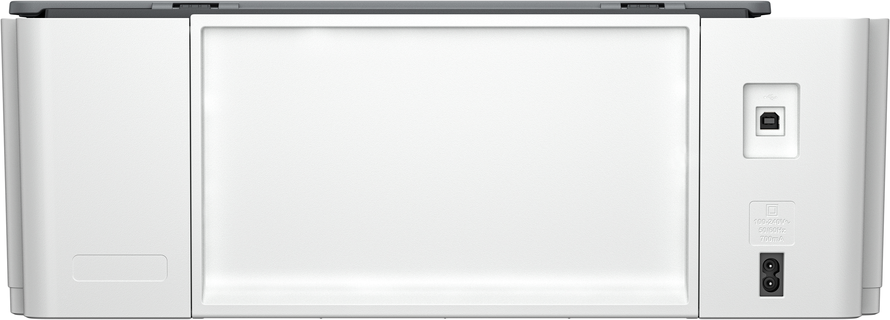 Egy fehér nyomtató hátulja USB-porttal és tápbemenettel. Tiszta dizájn, minimalista esztétikával.
