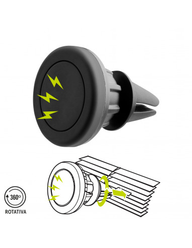 Un soporte para teléfono de coche negro con base magnética y clip de ventilación, con iconos de rayos.