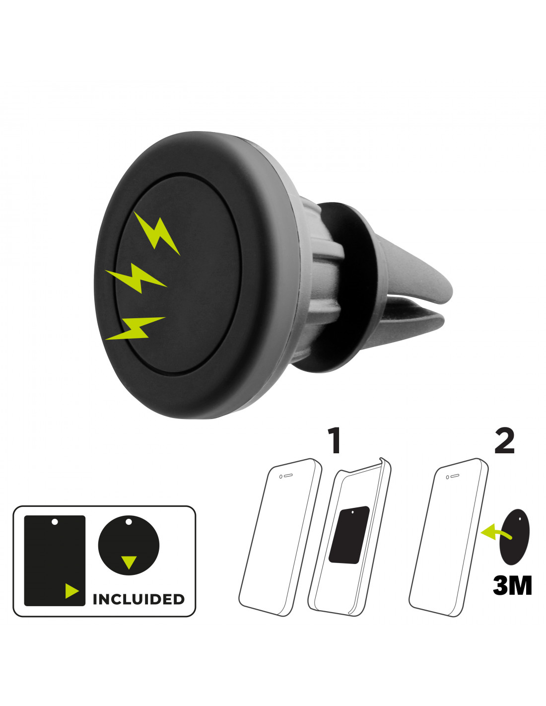 Un soporte para teléfono de coche negro con base magnética, clip de ventilación y accesorios incluidos, con diagrama.