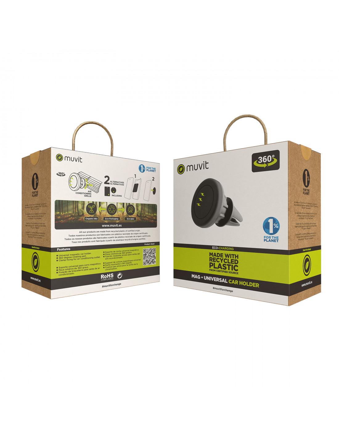 Dos cajas de cartón con asas, con información del producto.