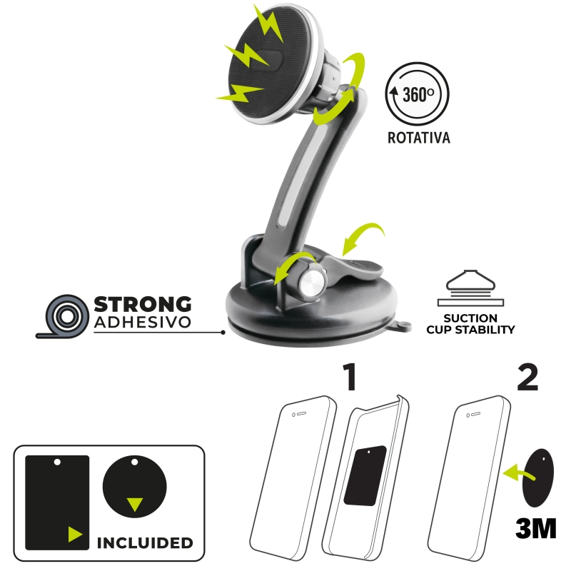 Un soporte para teléfono de coche negro y plateado con base de ventosa. Se muestran las instrucciones de uso.