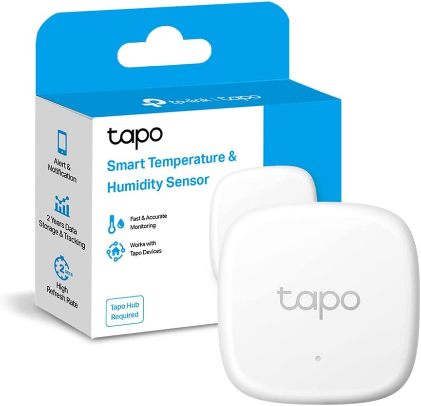 Un sensor doméstico inteligente blanco con una caja. Alerta y notificación, almacenamiento de datos y Tapo Hub visibles.
