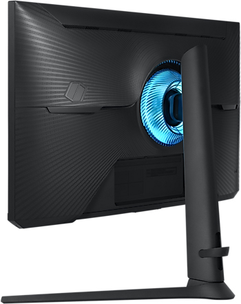 De achterkant van een zwarte monitor met blauw licht en een standaard.