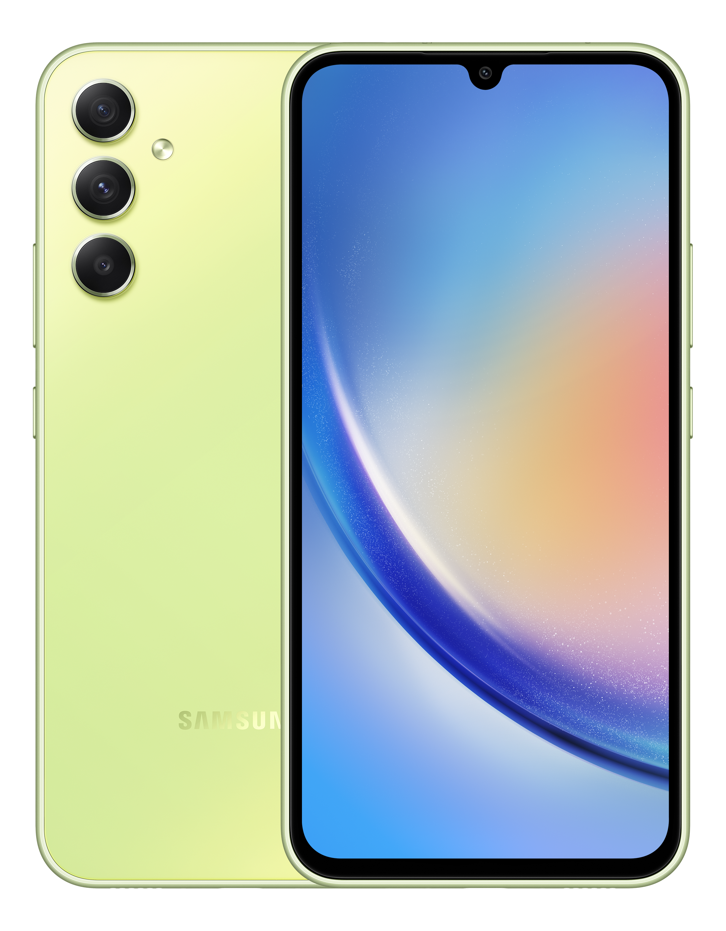 Ein hellgrünes Samsung-Smartphone, das die Rückseite mit drei Kameras zeigt und der Bildschirm eine blaue Farbe zeigt.