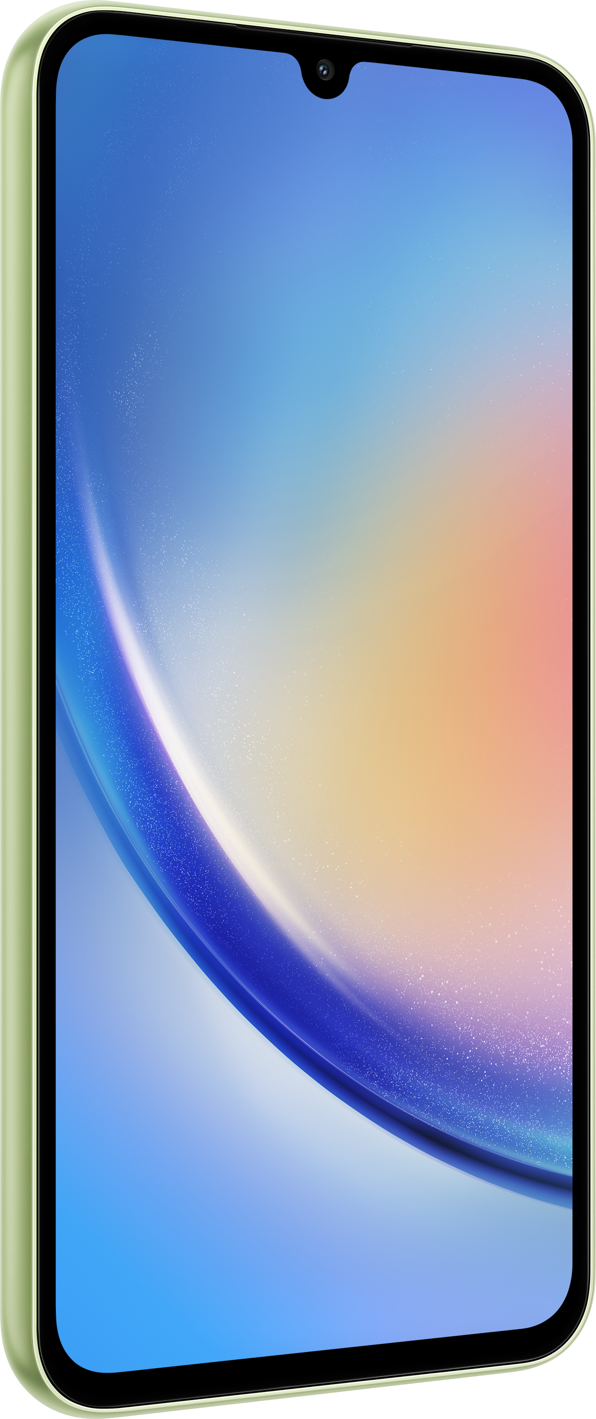 Ein grün gefärbtes Smartphone mit gebogenem Bildschirm, Frontkamera und hellblau-gelbem Hintergrund.