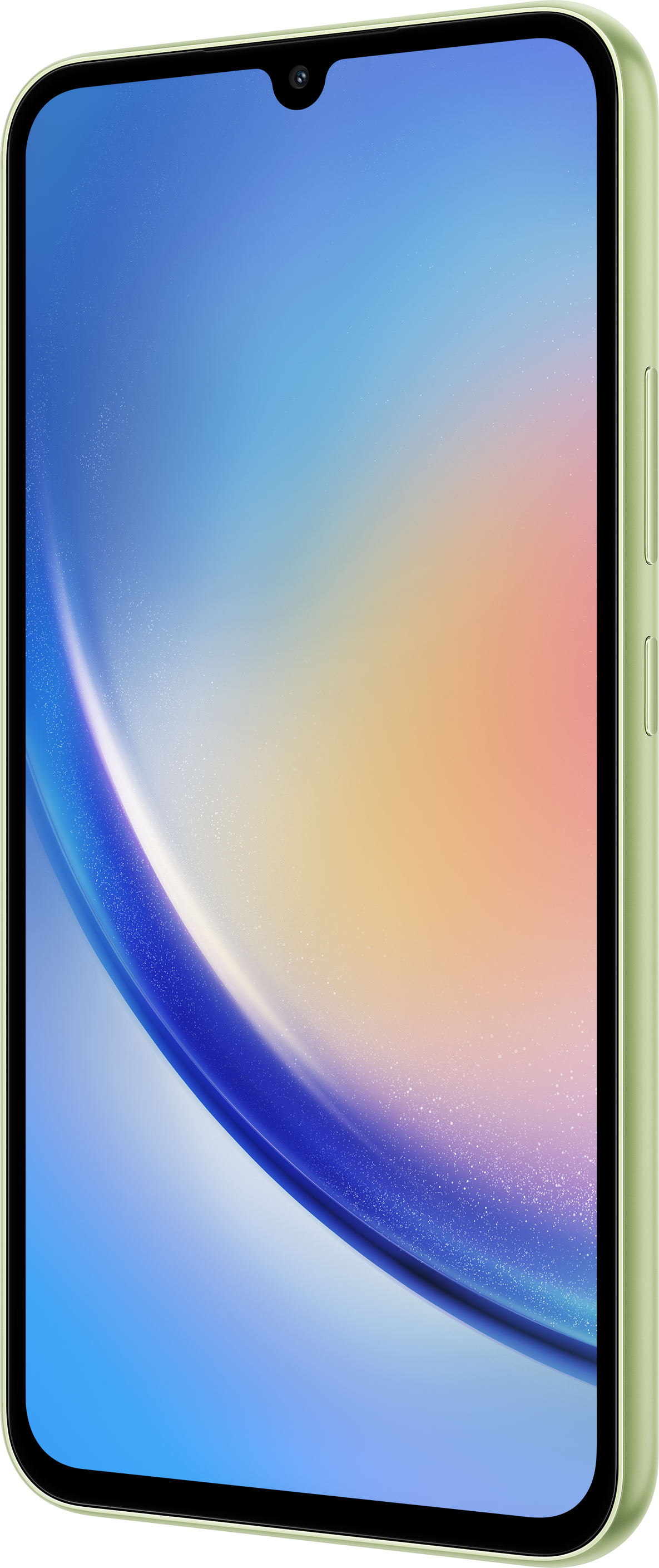 Hellgrünes Smartphone mit geschwungenem Bildschirm, Seitentasten und Frontkamera.