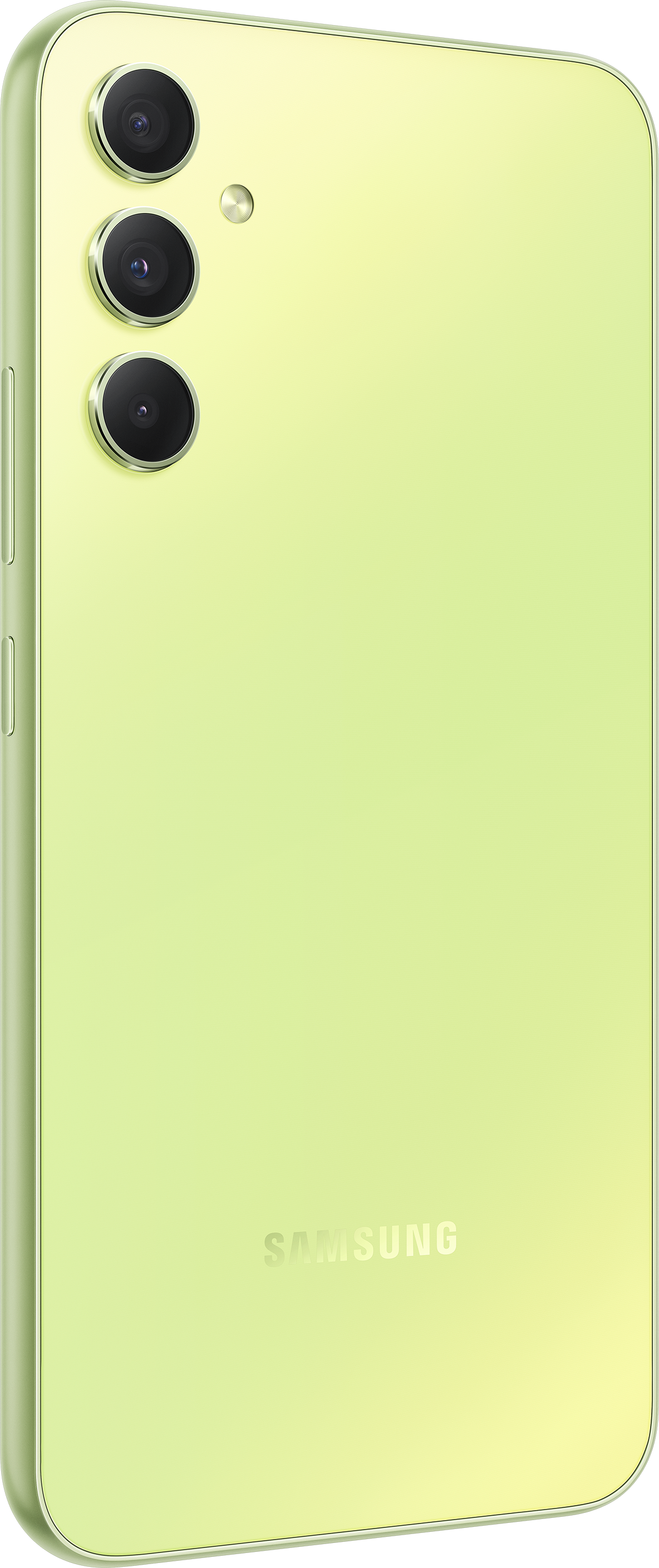 Grüne Smartphone-Rückseite mit drei Kameras und Samsung-Logo.