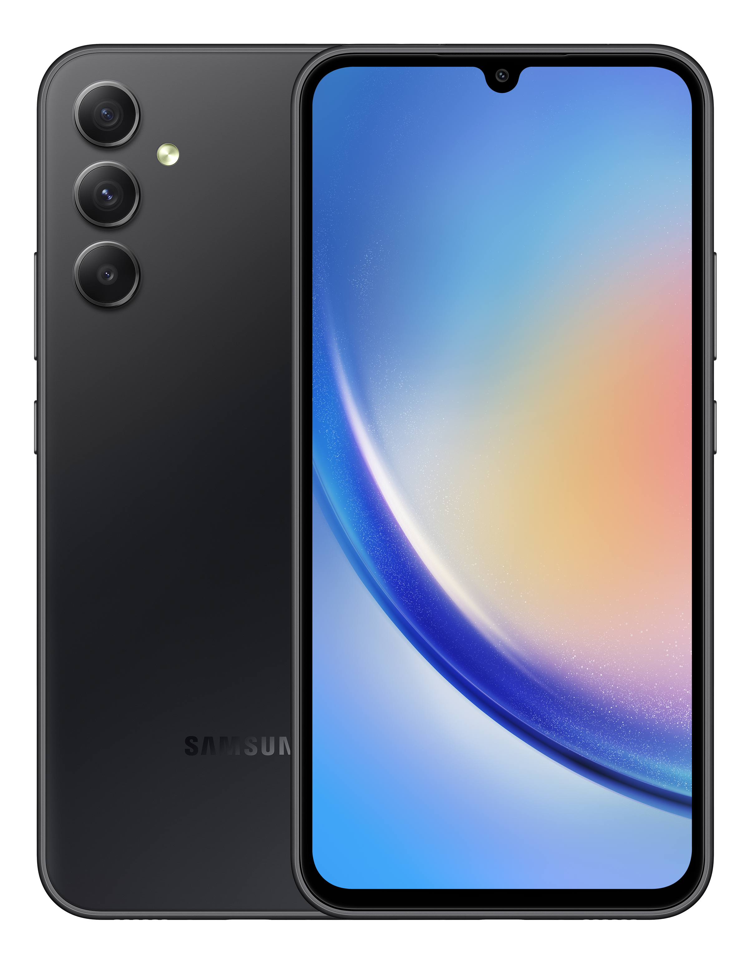 Schwarzes Samsung Smartphone, Vorder- und Rückseite. Kamera und Display vorhanden.