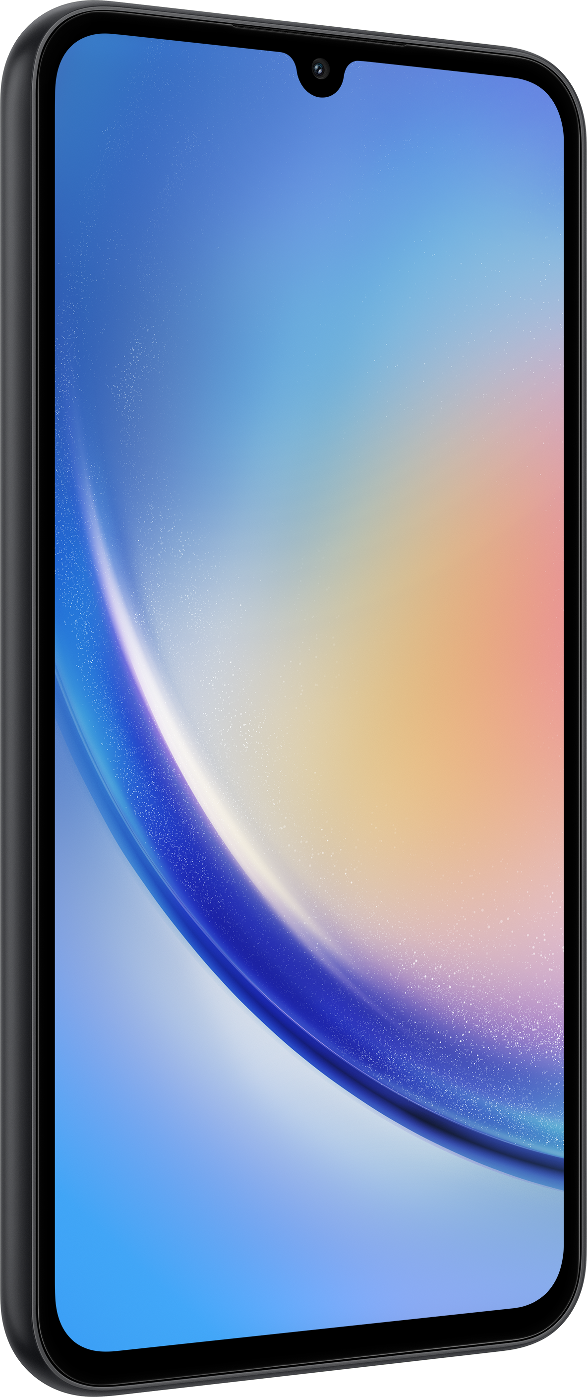 Smartphone in schwarzer Farbe, mit einem Display, das einen bunten Hintergrund zeigt.