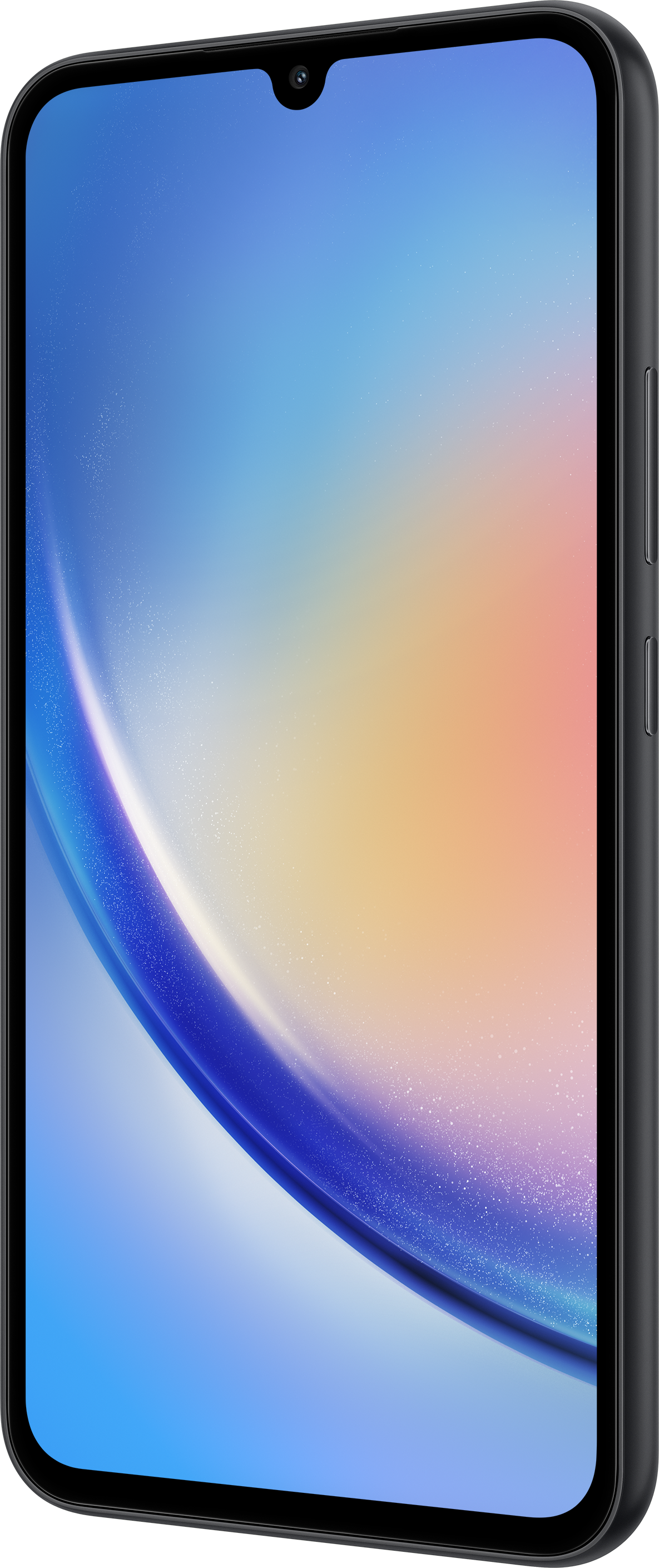 Ein Smartphone mit blauem Farbverlauf-Bildschirm, das ein gekrümmtes Design mit schwarzem Rahmen zeigt.