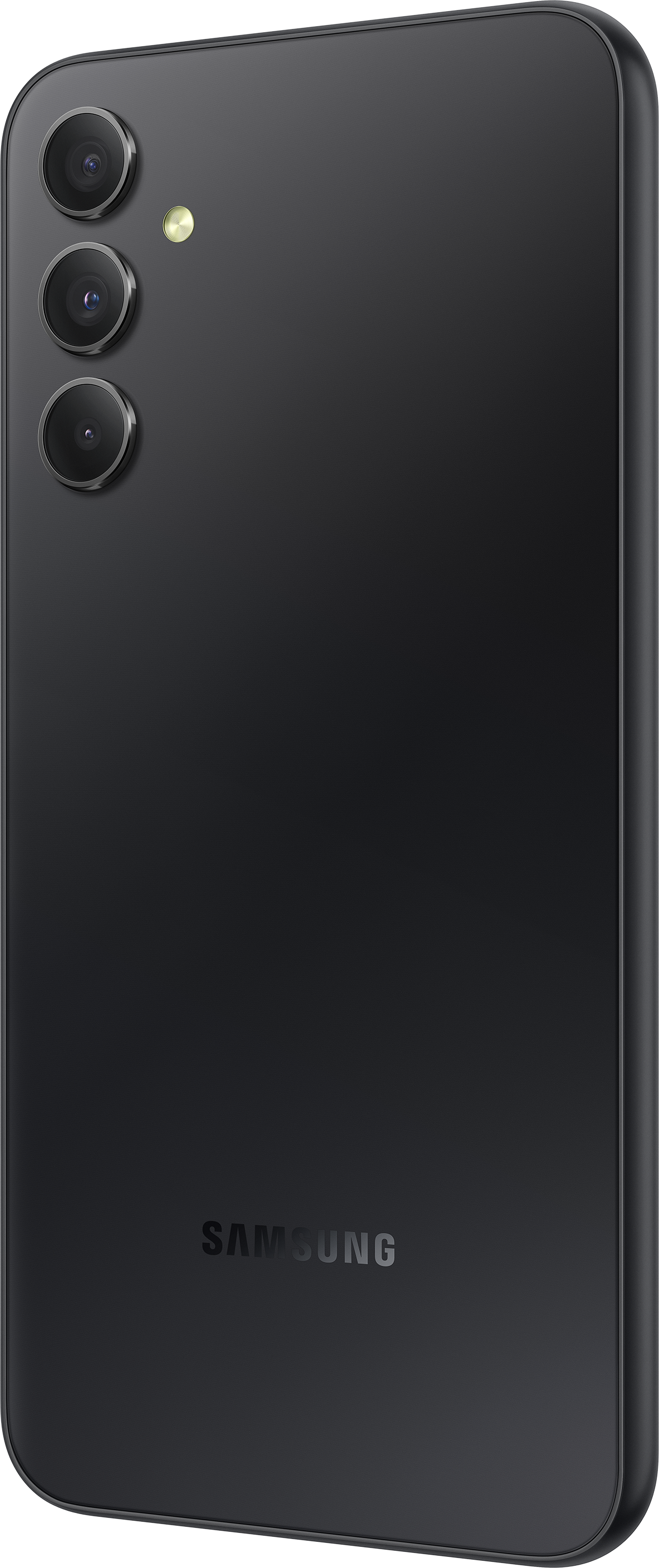 Rückansicht eines schwarzen Samsung-Telefons mit drei Kameralinsen und einem Blitz.