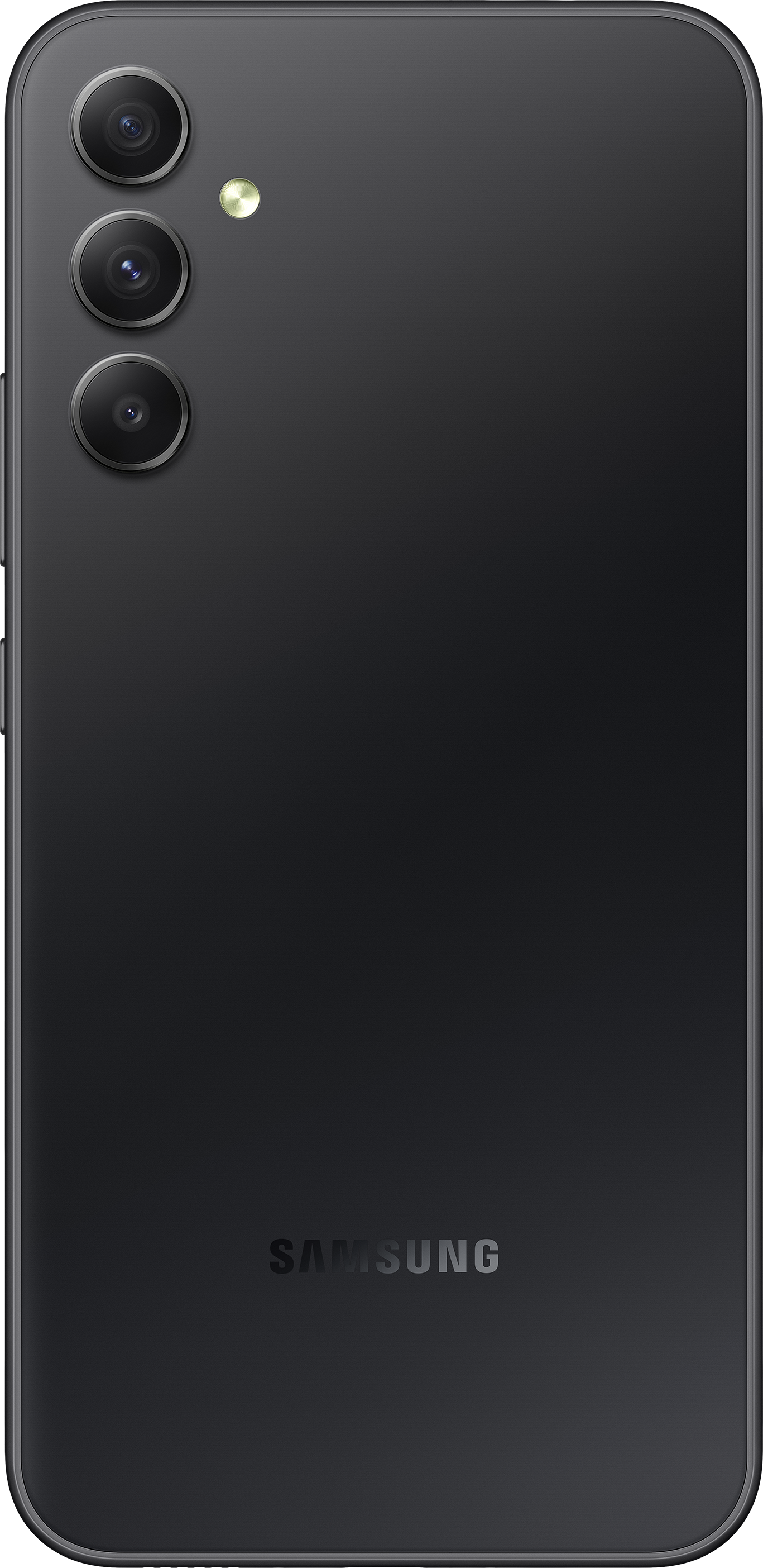 Schwarze Smartphone-Rückseite mit drei Kameras und Samsung-Logo.