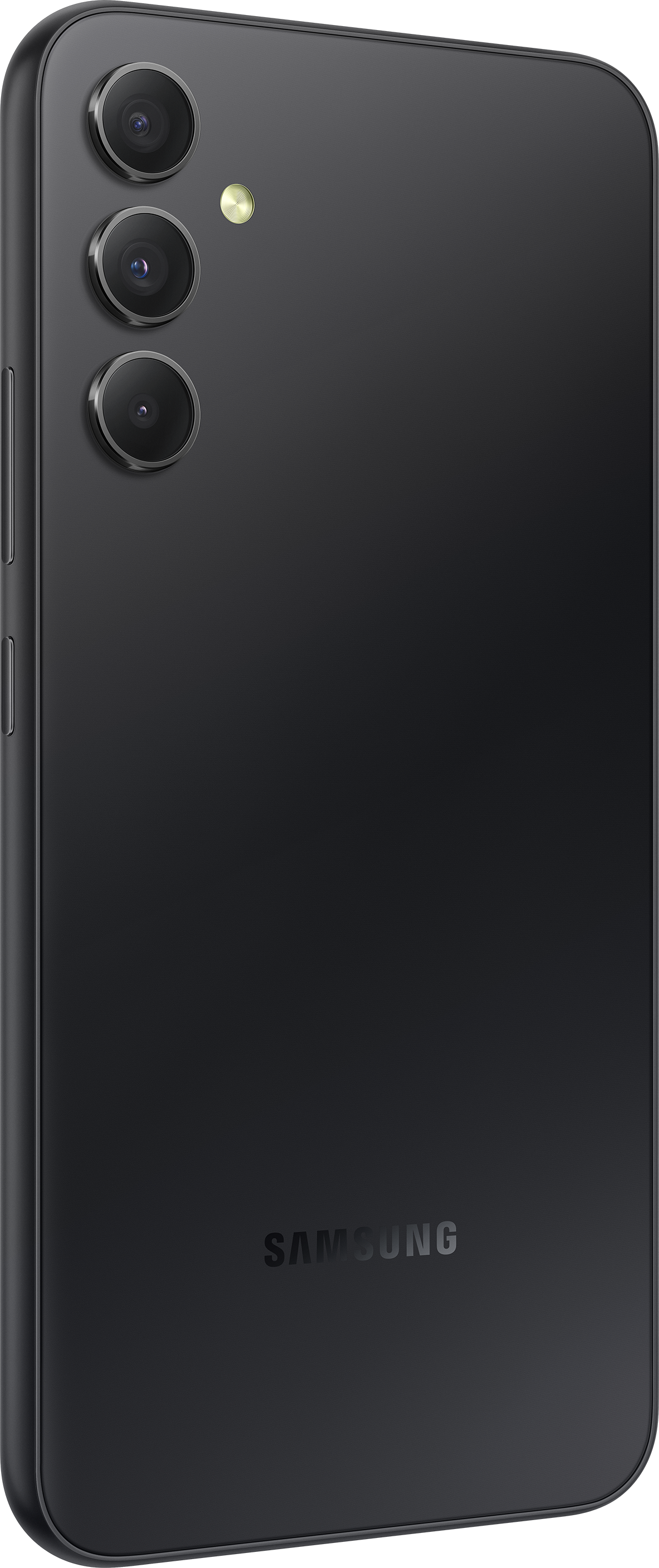 Schwarzes Samsung-Smartphone mit drei Rückkameras und dem Markenlogo.