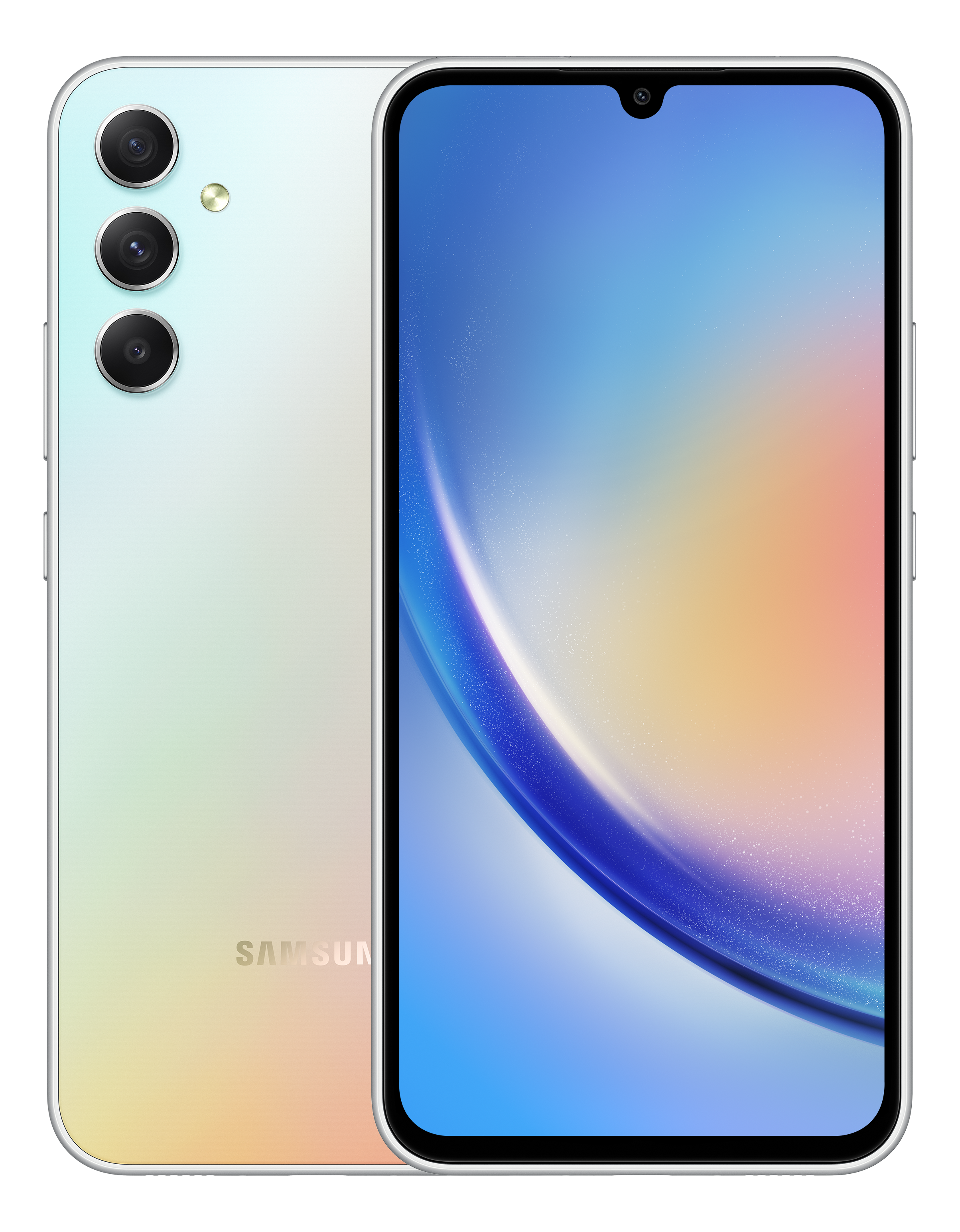 Weiß-goldenes Smartphone mit drei Rückkameras und Bildschirm mit farbigem Bild.