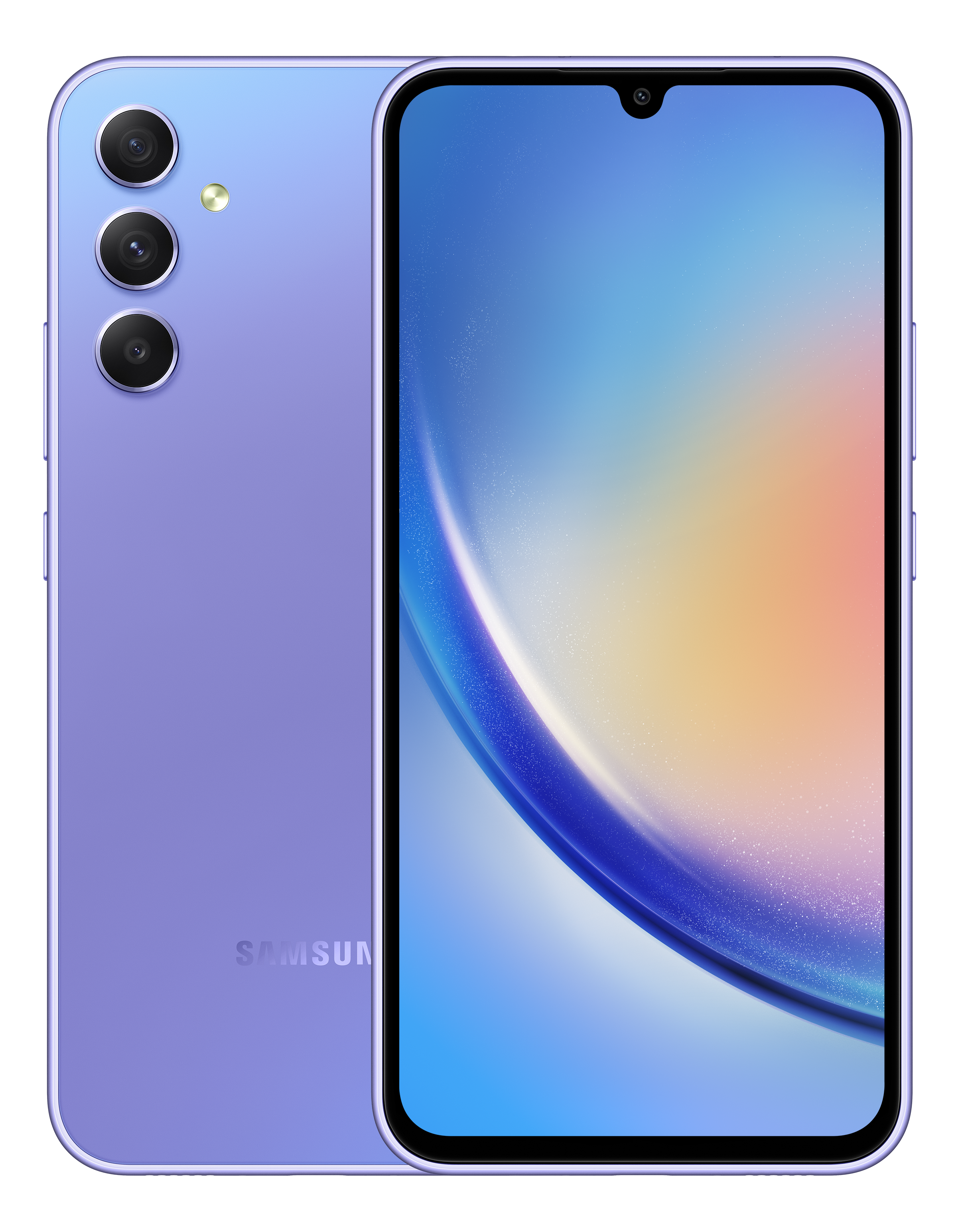 Lila Samsung Galaxy A34 5G-Telefon. Rückansicht zeigt Kameras, Vorderseite zeigt Bildschirm mit Text.