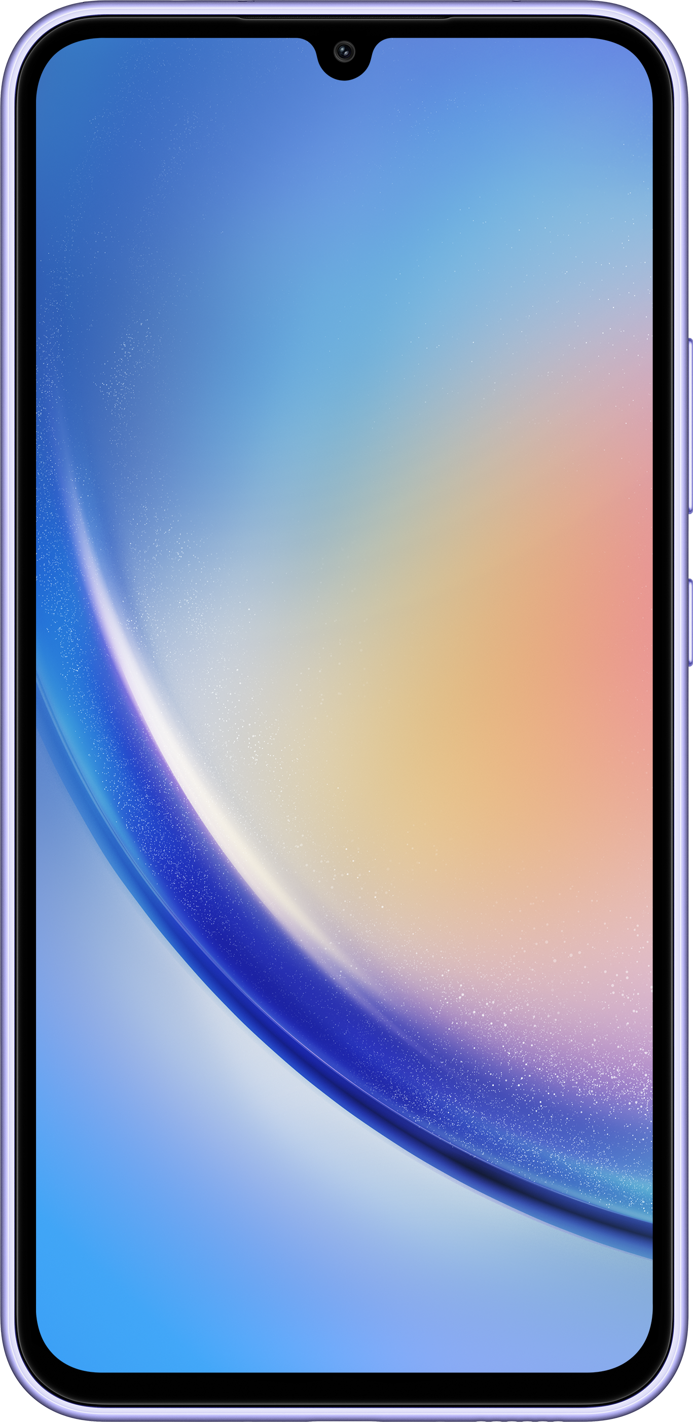 Ein Smartphone mit lila Rahmen zeigt einen blau-orangenen Farbverlauf im Hintergrund.