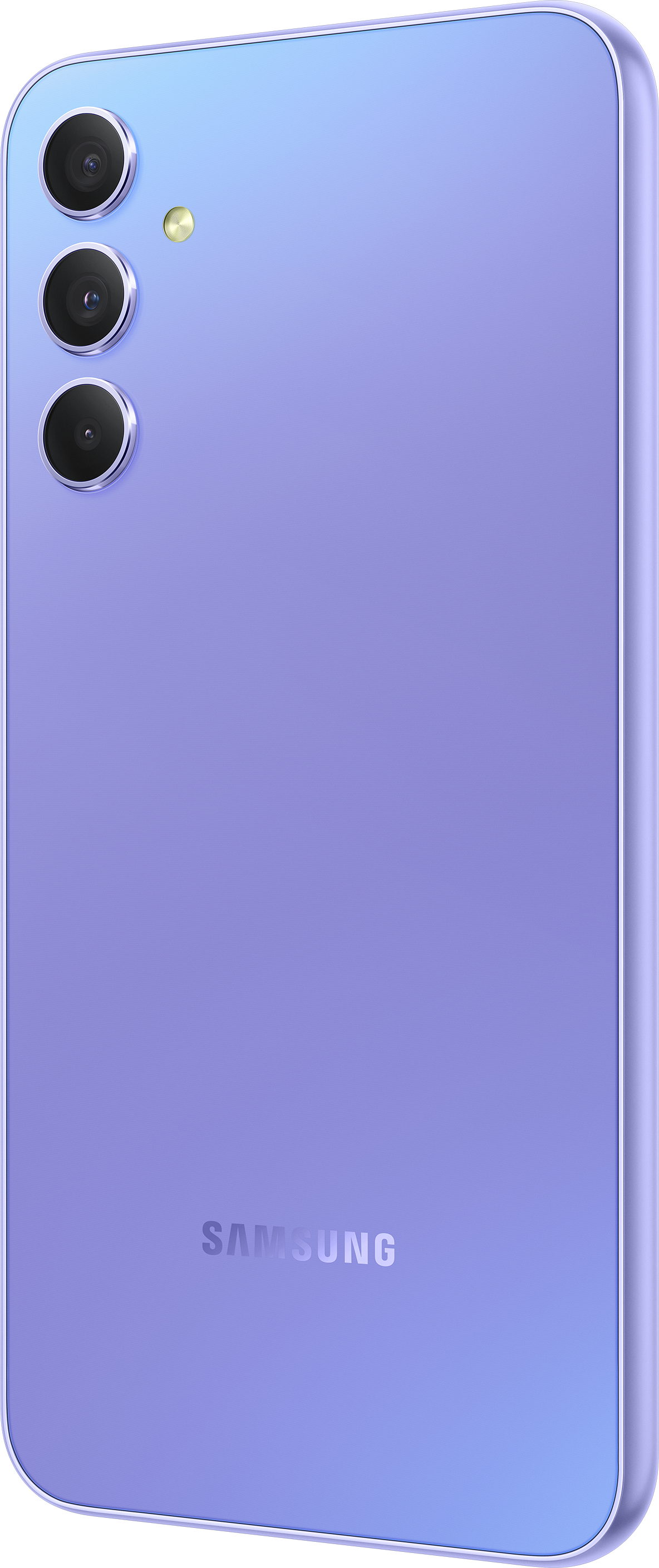 Weißes Smartphone mit drei Kameras und dem SAMSUNG-Logo.