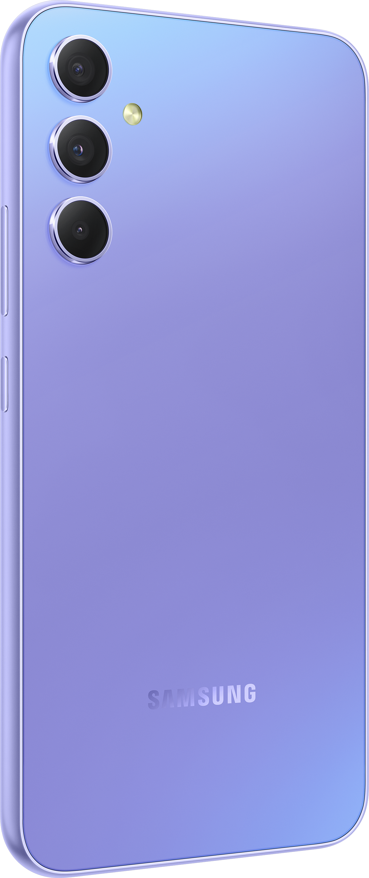 Lila Smartphone mit drei Rückkameras. Samsung-Logo unten.