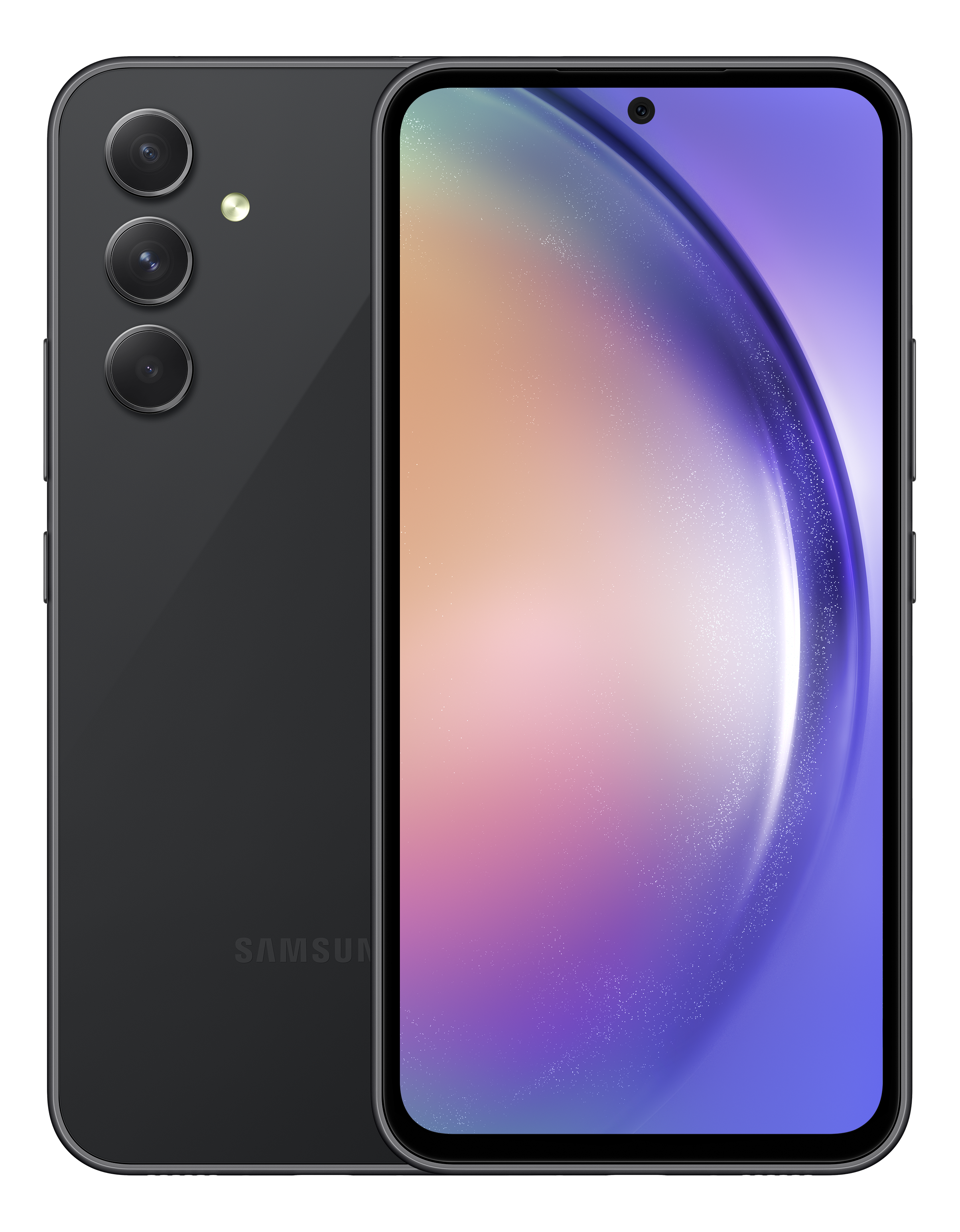 Samsung Smartphone, Rück- und Vorderansicht. Graue Rückseite mit Kameras, Bildschirm mit unscharfem Hintergrund.