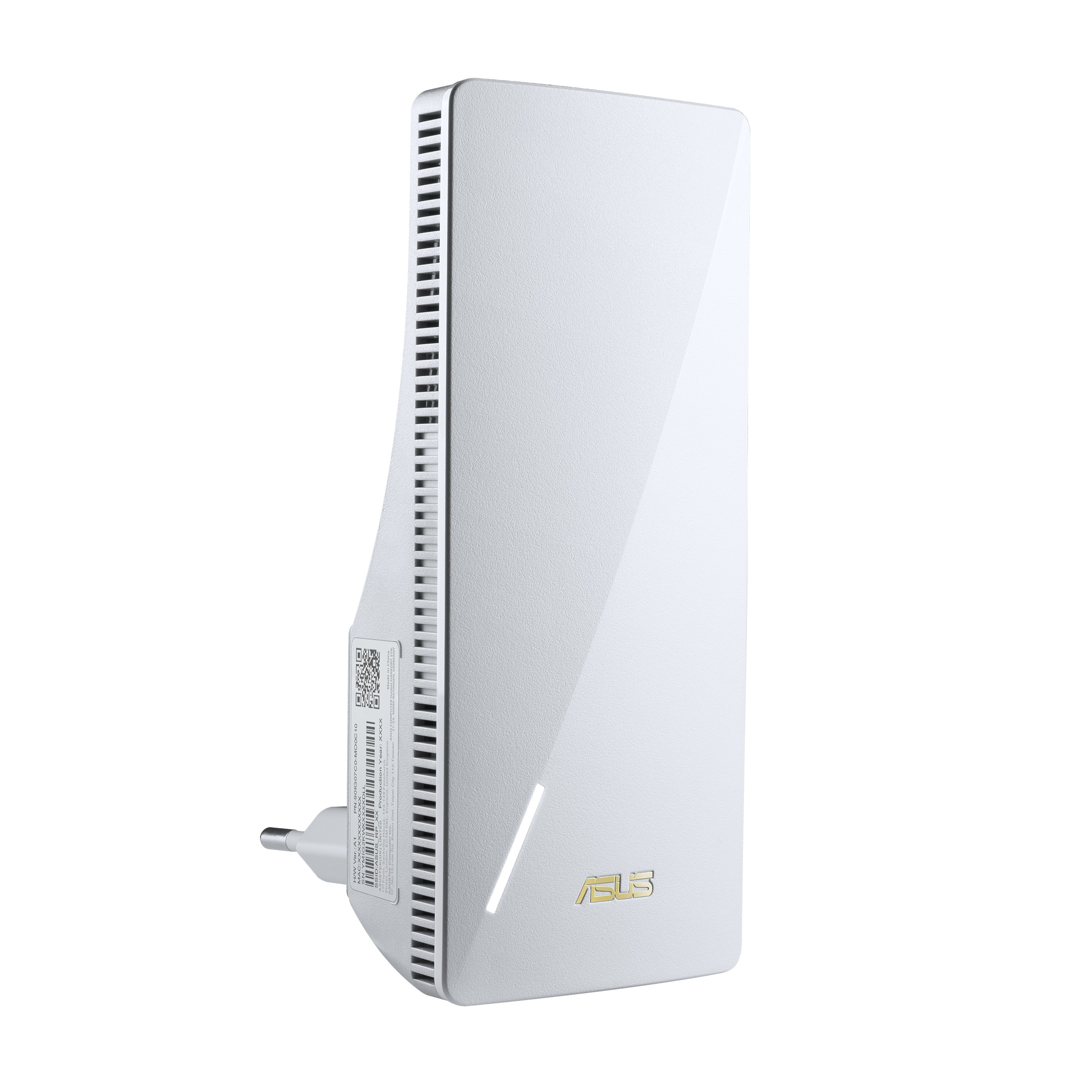 Weißes Asus-WLAN-Gerät mit Lüftungsschlitzen und goldenem Logo.