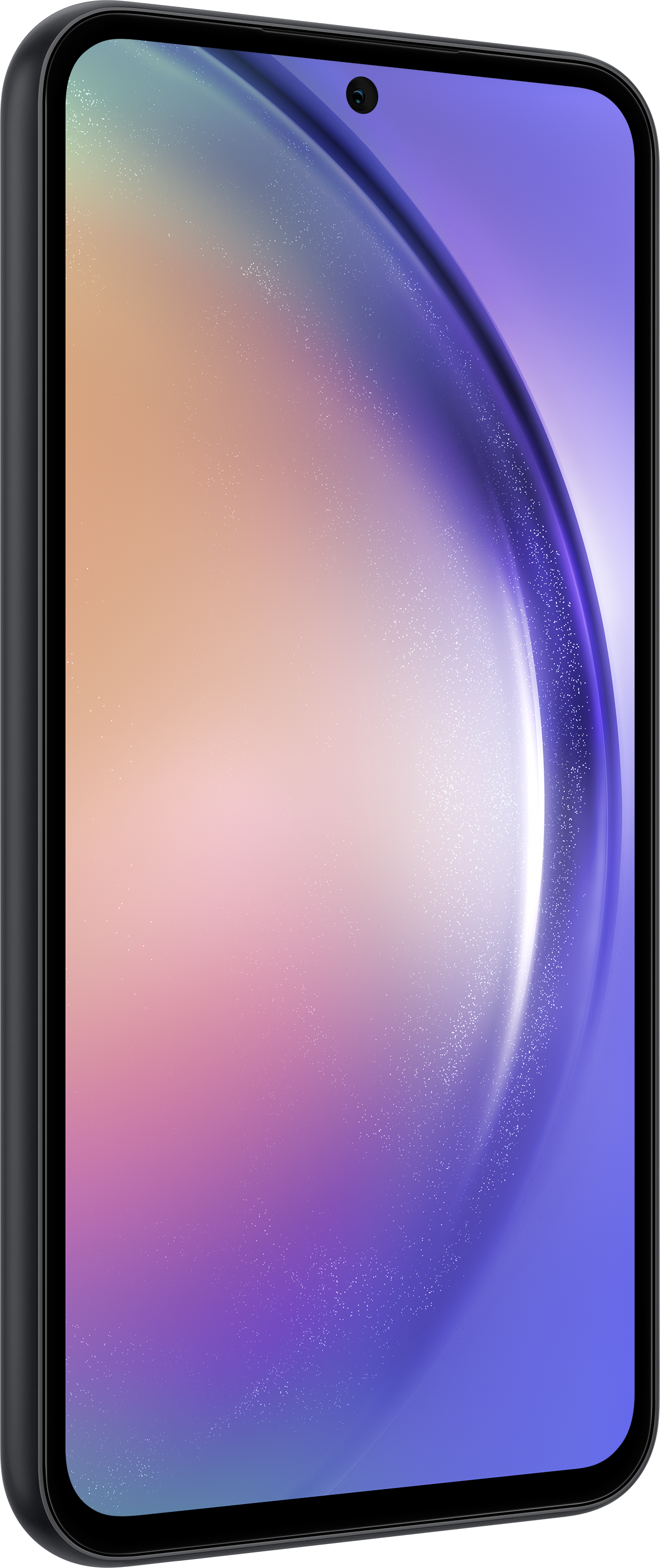 Ein schwarzes Smartphone mit einem Bildschirm, der einen Farbverlauf aus Rosa, Orange und Lila zeigt.