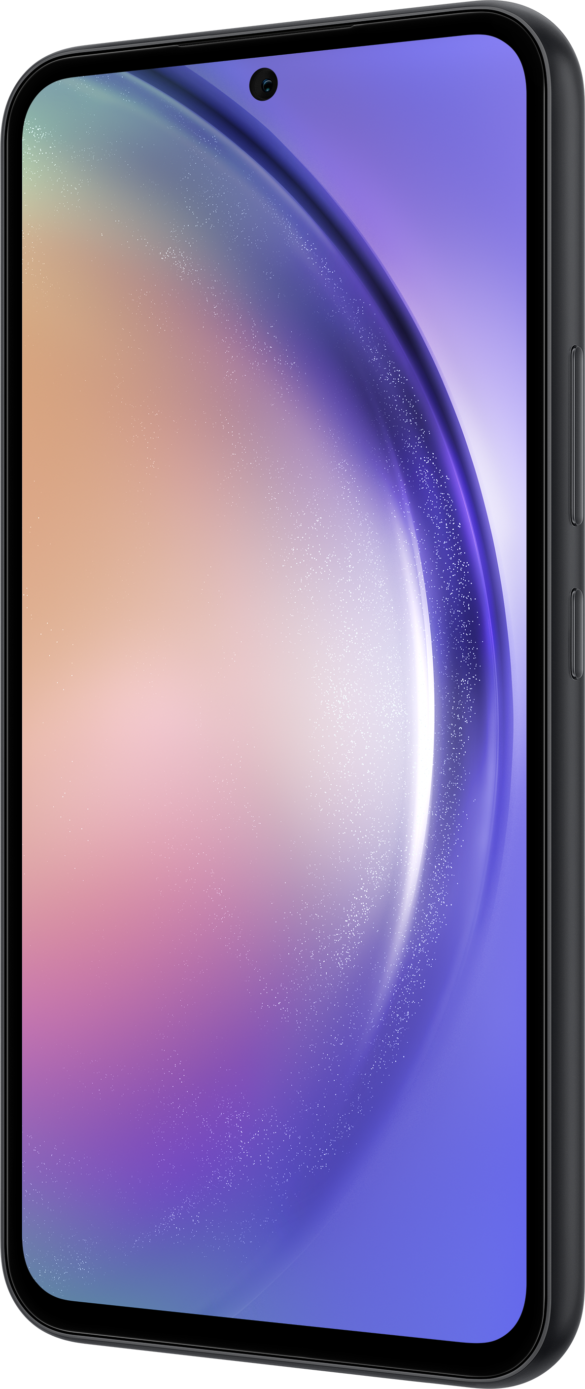 Ein schwarzes Smartphone zeigt einen bunten Bildschirm. An der Seite befinden sich Lautstärketasten.