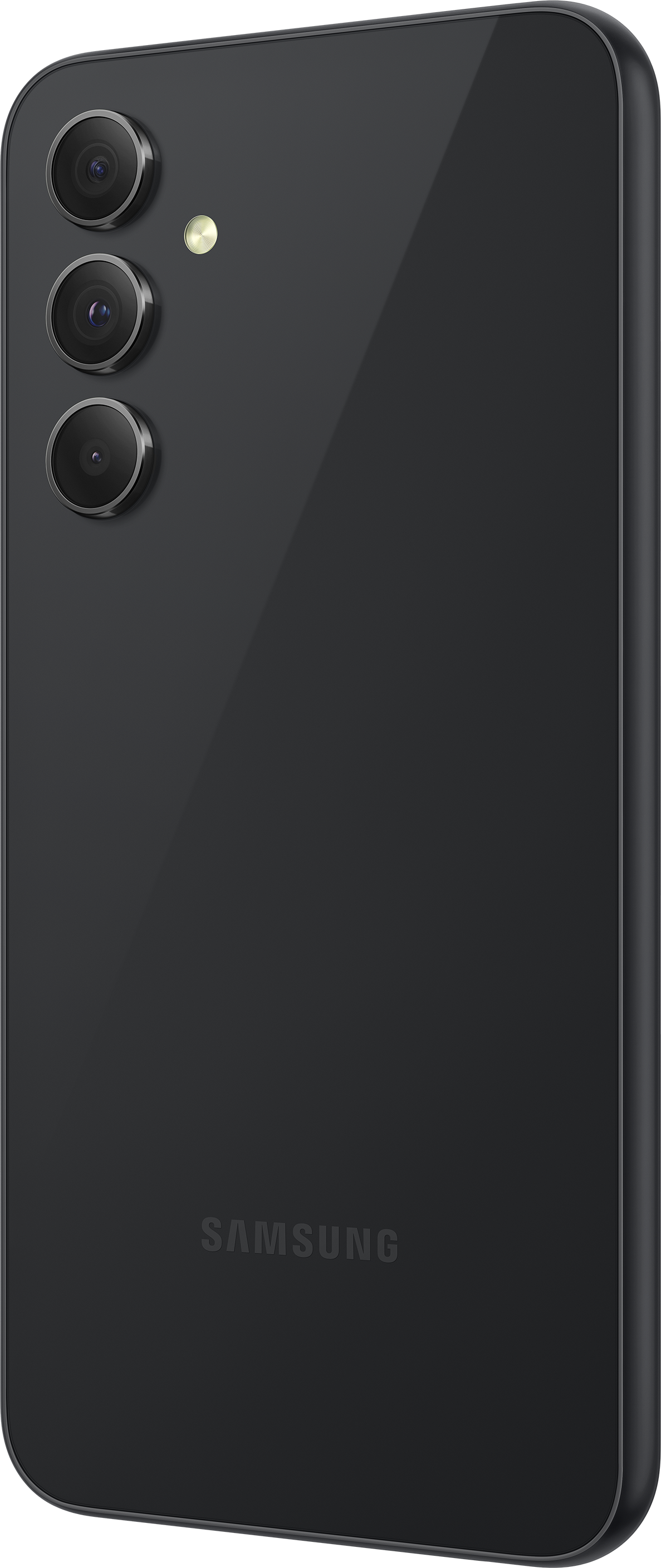 Schwarzes Smartphone mit drei Rückkameras. Das Telefon ist schlank und hat eine glänzende Oberfläche.