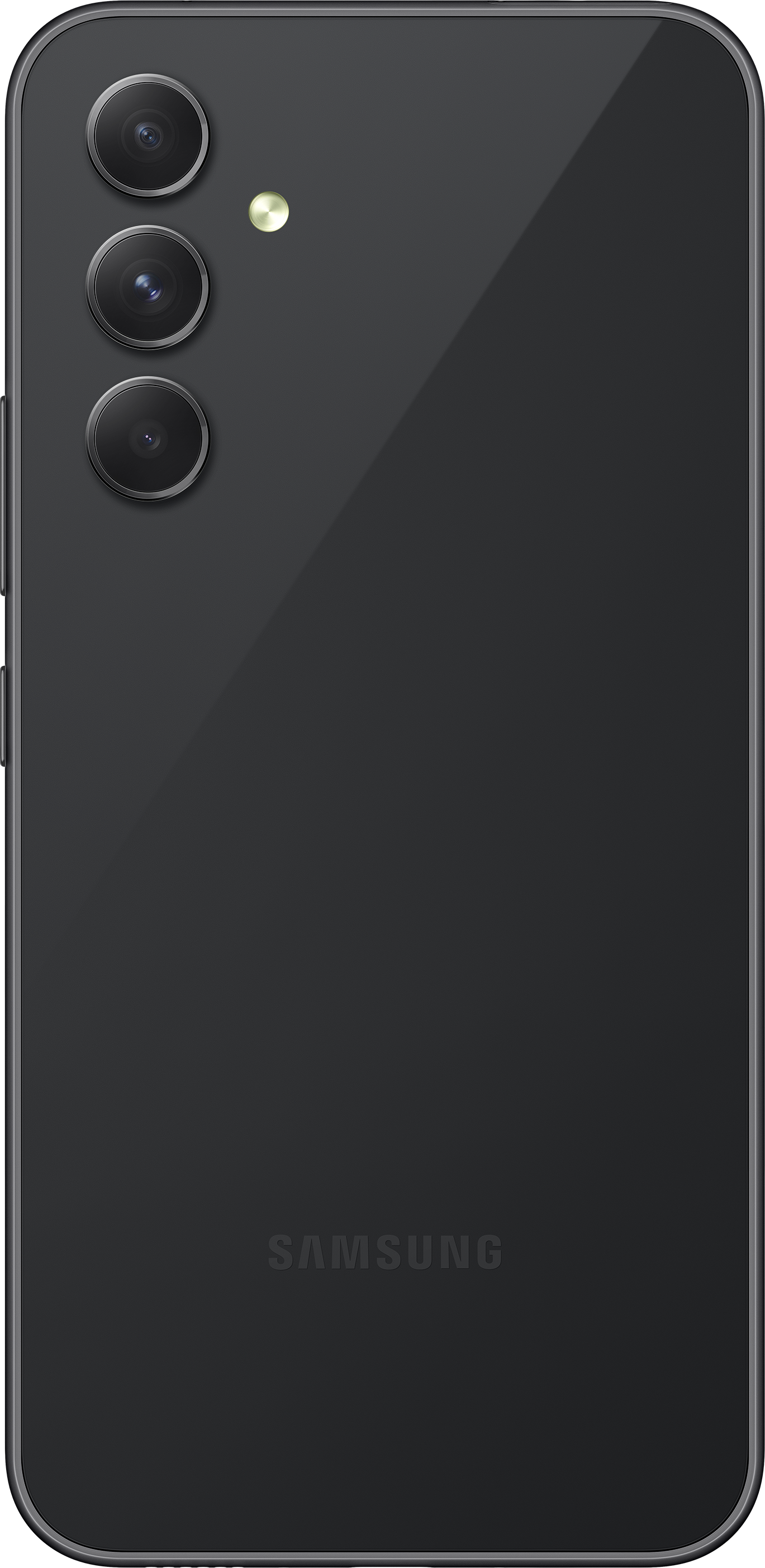 Ein schwarzes Smartphone, das die Rückseite mit drei Kameralinsen und einem Blitz zeigt.