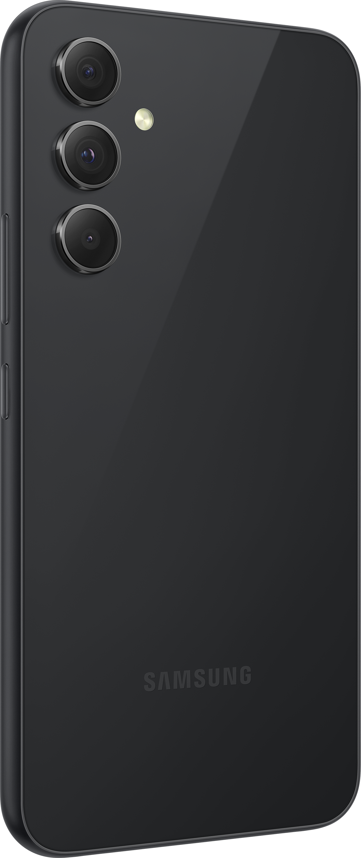Schwarzes Telefon mit drei Kameras auf weißem Hintergrund.