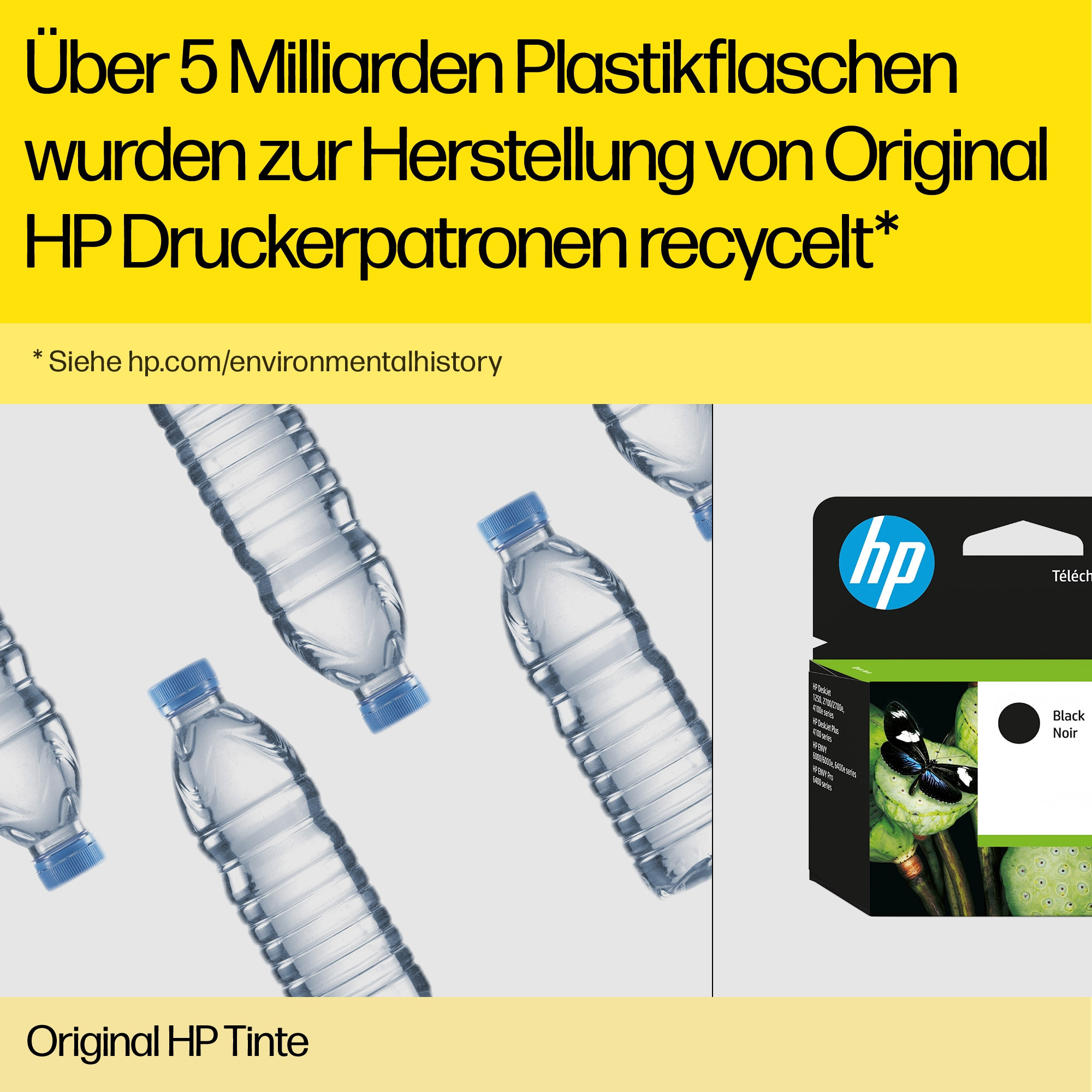 Plastikflaschen mit blauen Deckeln. Text: Über 5 Milliarden Plastikflaschen wurden für HP-Druckerpatronen recycelt.