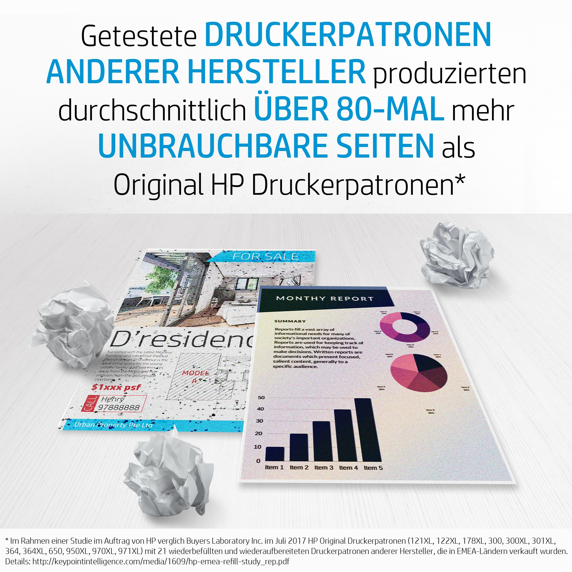 Papier auf einem Tisch, teilweise zerknittert. Text: Patronen anderer Hersteller produzieren 80x mehr unbrauchbare Seiten.