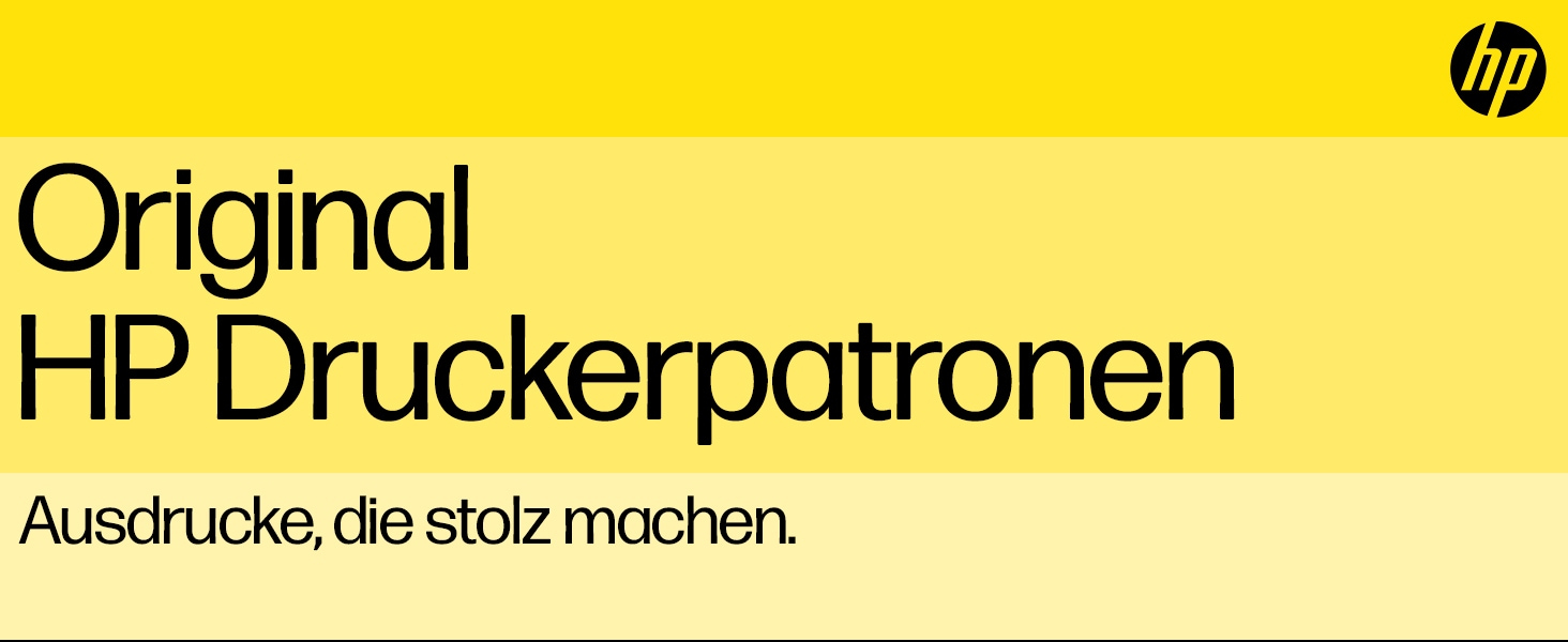 Ein gelber Hintergrund mit den Worten: Original HP Druckerpatronen, und Ausdrücke, die stolz machen.