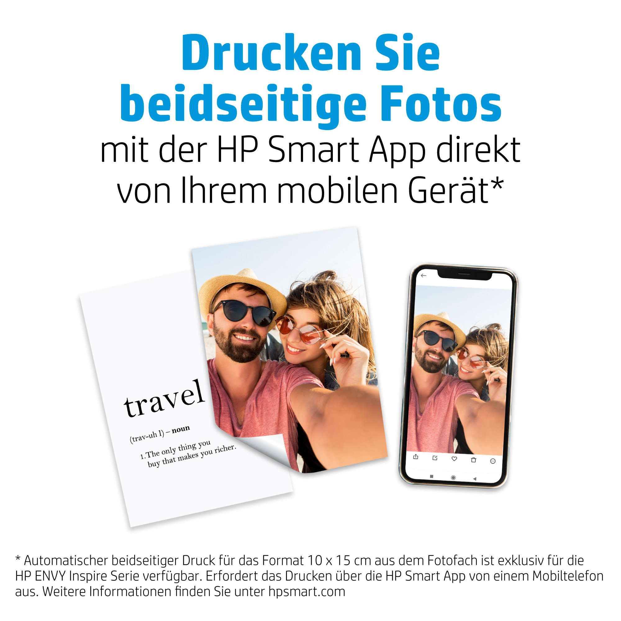 Ein Bild eines Paares, das ein Selfie macht. Ein Druck und ein Telefon mit demselben Selfie werden ebenfalls gezeigt.