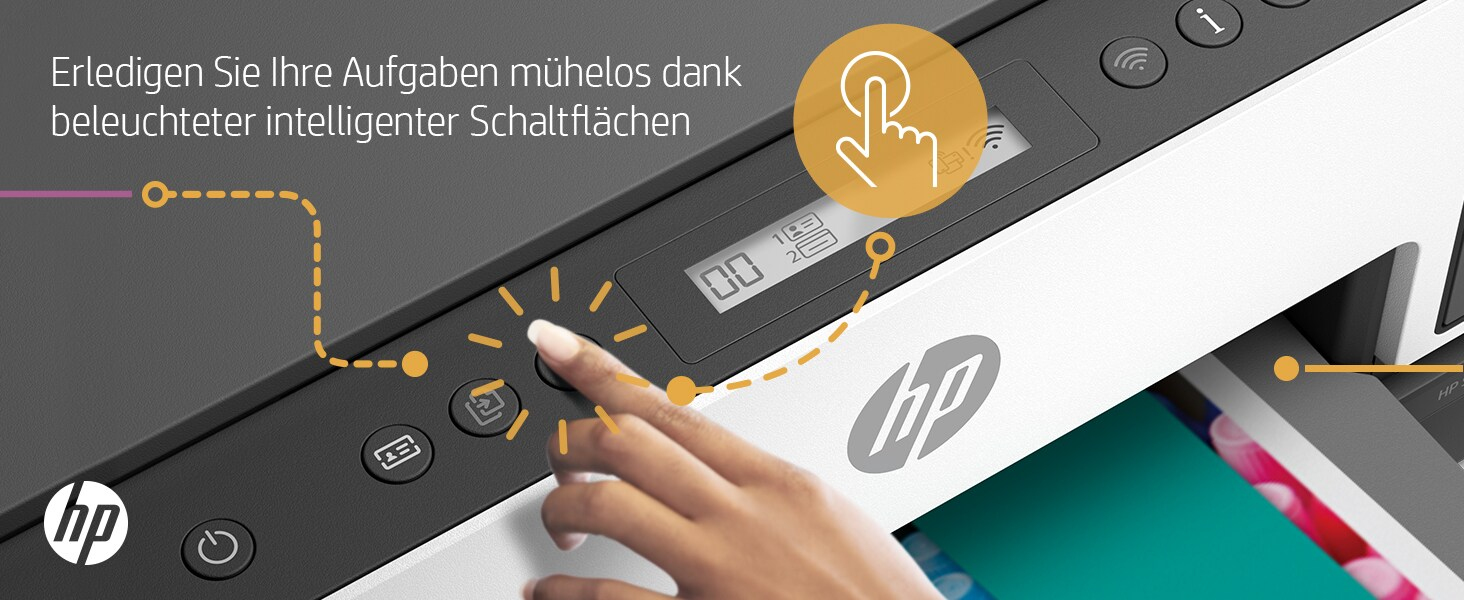Eine Hand berührt eine Druckertaste. Text und HP-Logo. Gelb hebt den Drucker hervor.