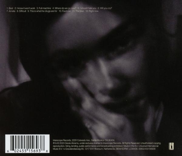 Die Rückseite einer CD-Hülle mit einem Schwarzweißbild einer Person.
