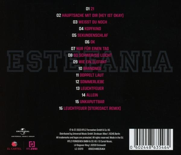 Text mit einer Liste von Songtiteln. Text: Estania, 16 Titel, Universal Music Group, El Cartel, RTLZWEI.
