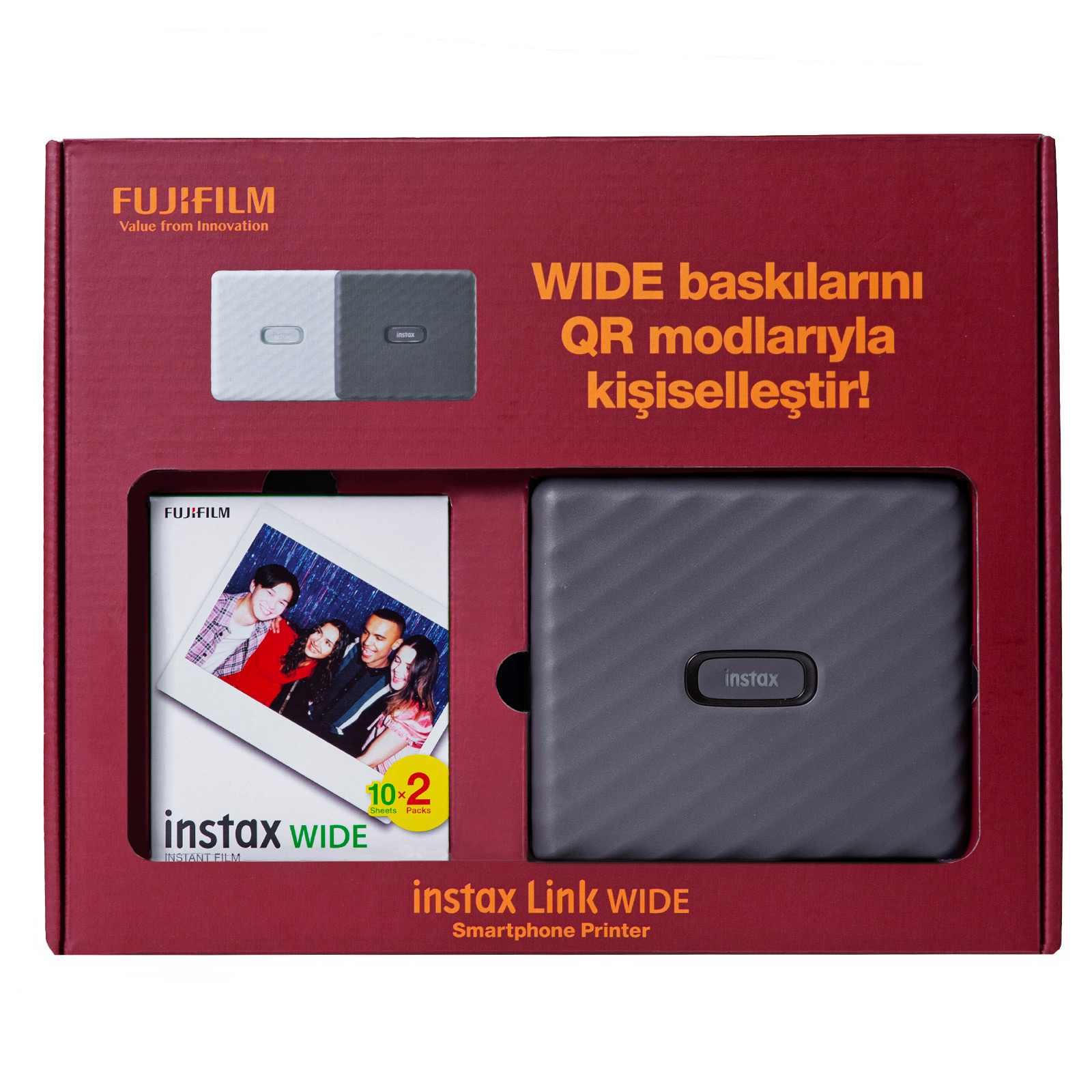 Instax Link WIDE yazıcı ve film kutusu. Resimler ve metin içeren kırmızı kutu.