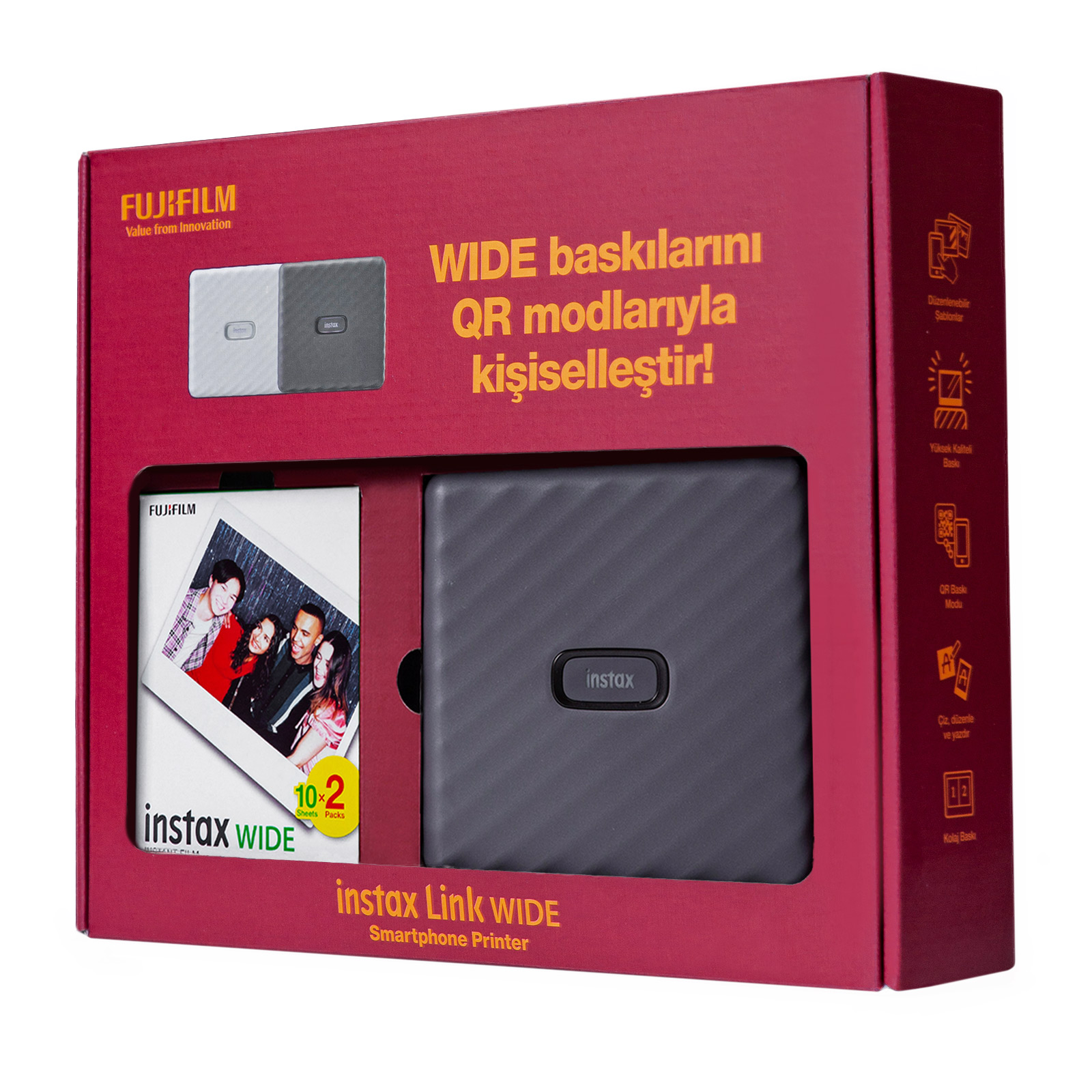 Bir kutuda bir yazıcı. Kutunun üstünde iki küçük yazıcı gösteriliyor. Metin Türkçe.