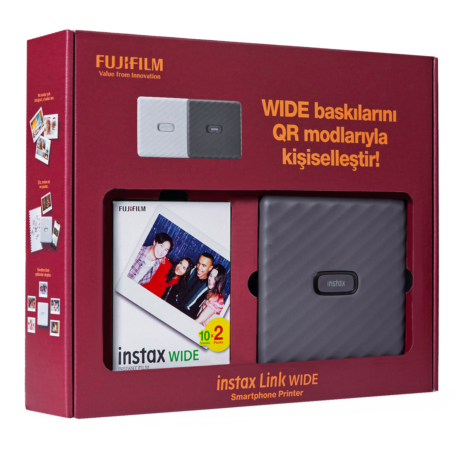 Bir yazıcı ve fotoğraflarla bir yazıcı kutusu seti.