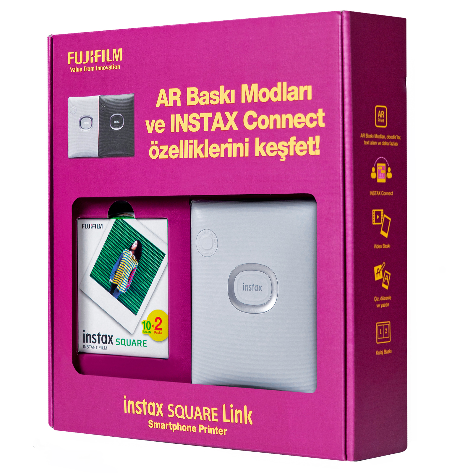 Fujifilm Instax yazıcı ve film içeren pembe bir kutu. Birden fazla dilde metin görünür.