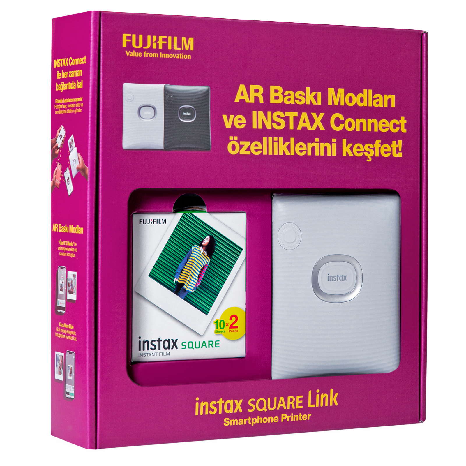 Instax yazıcısı ve film içeren pembe kutu. Metin: AR baskı modları ve Instax Connect özellikleri. Siyah beyaz yazıcılar gösteriliyor.