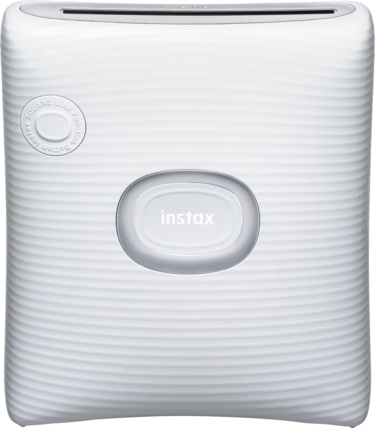 Beyaz Instax Square Link yazıcı. Üzerinde 'instax' yazan büyük bir oval düğmesi var.