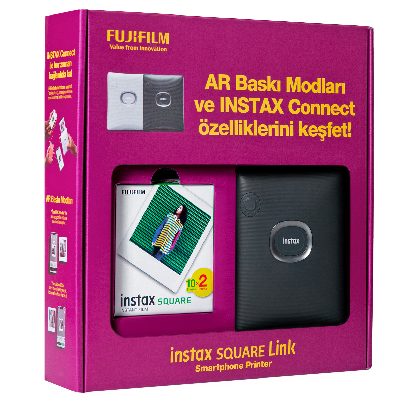 Instax Square Link yazıcı kutusu, yazıcı, film ve Türkçe tanıtım metni ile.